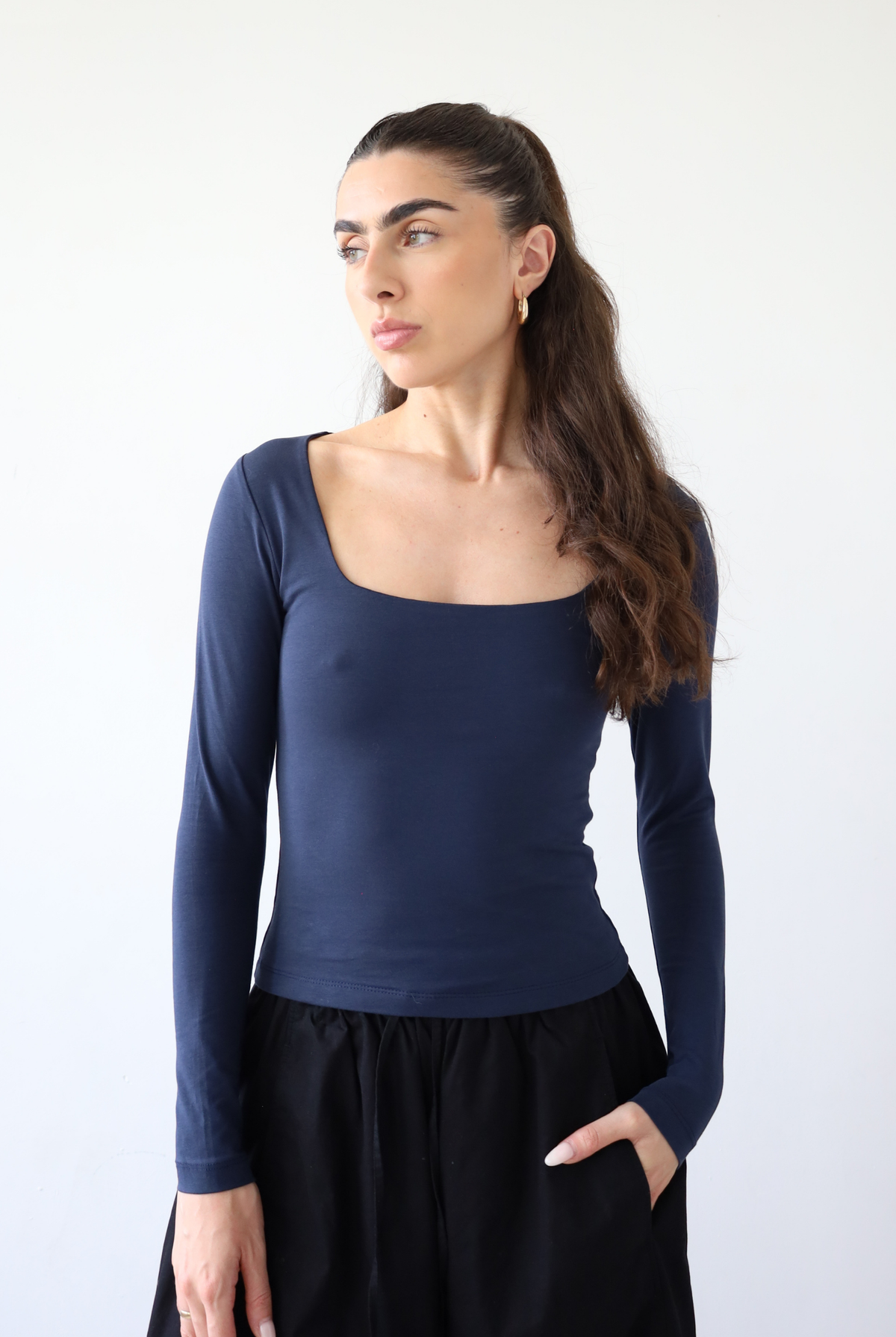 organic cotton long sleeve square neck t-shirt, navy blue, front