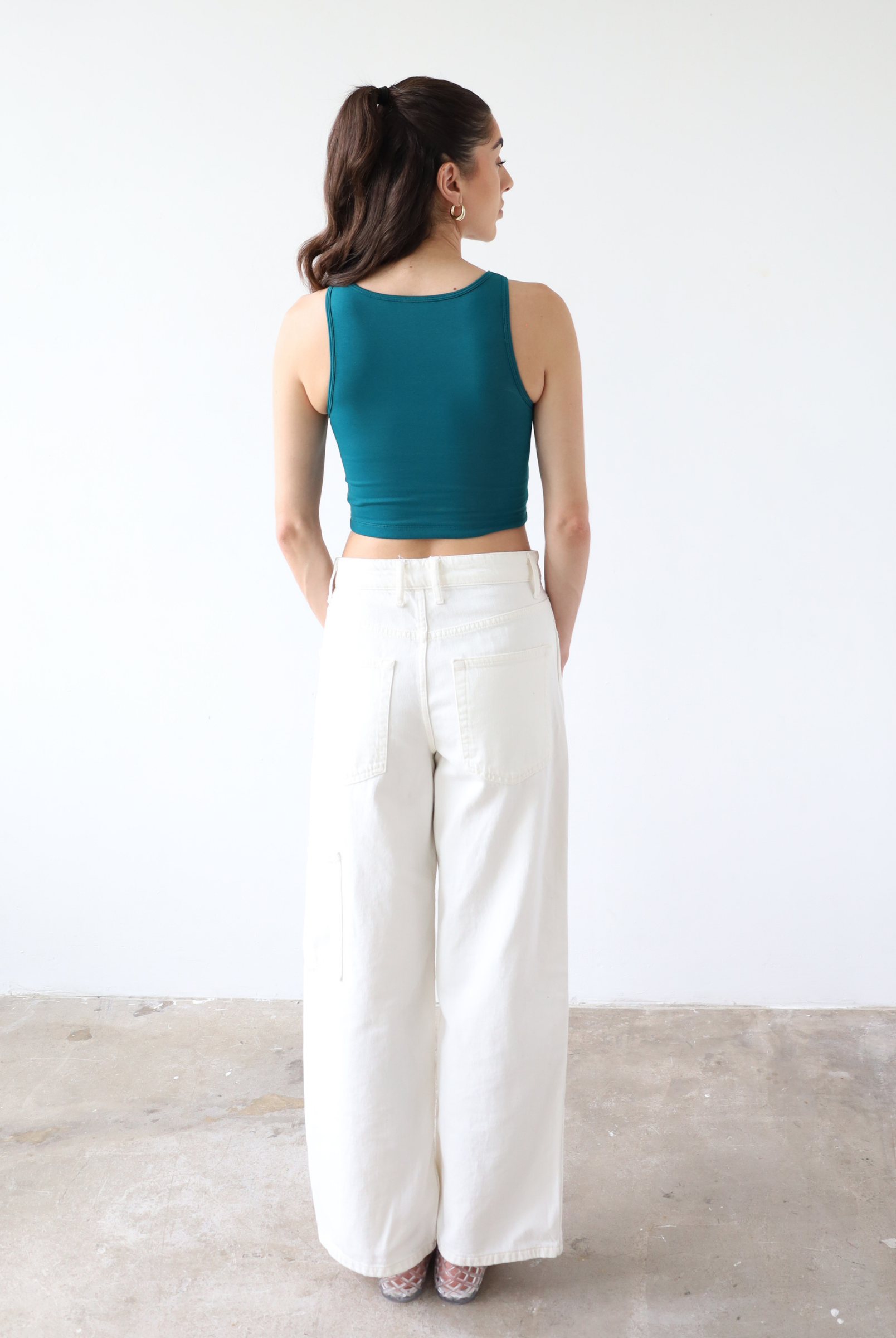 Organic cotton teal high neck tank top, back