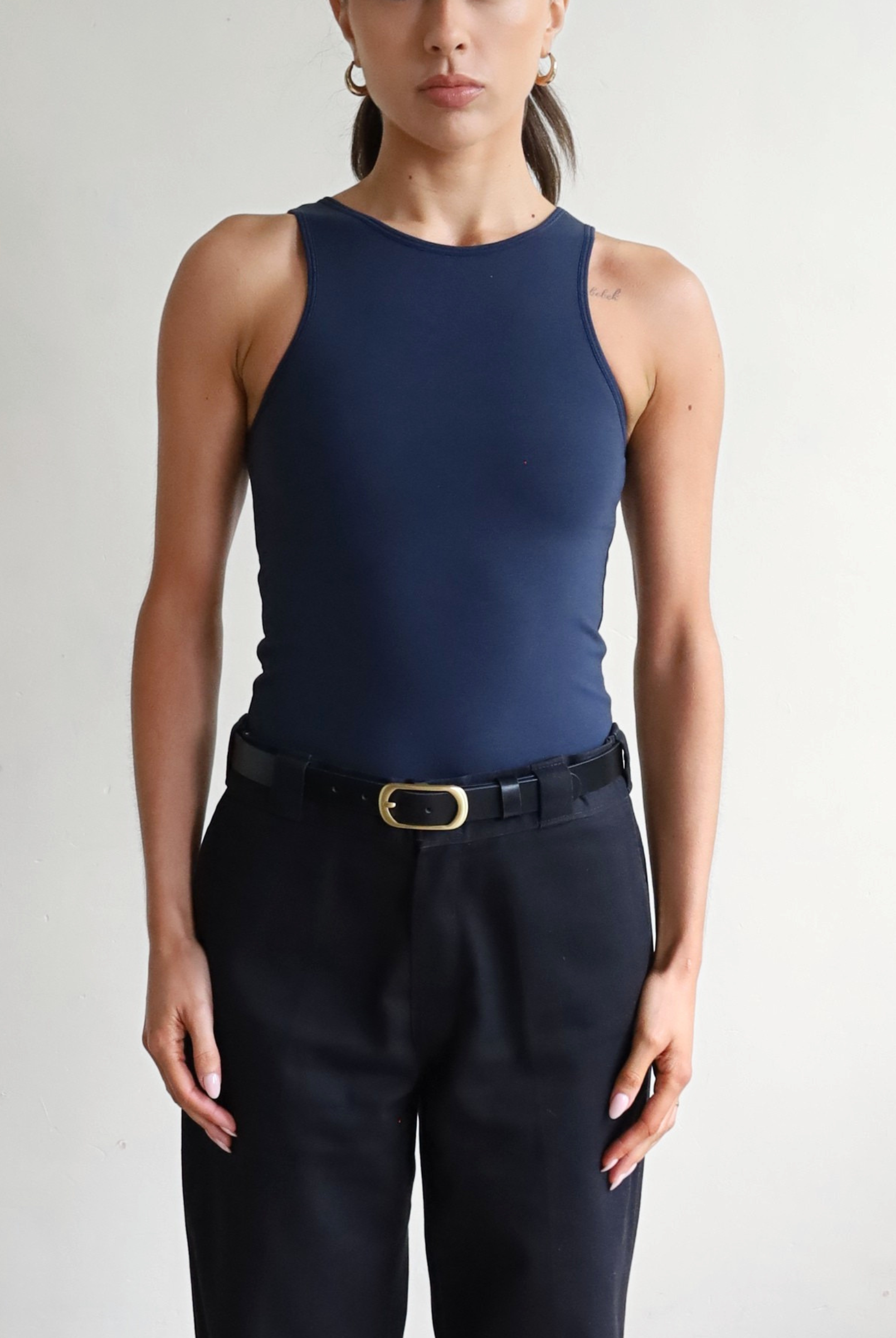 Womens organic cotton high neck tank top, Navy Blue
