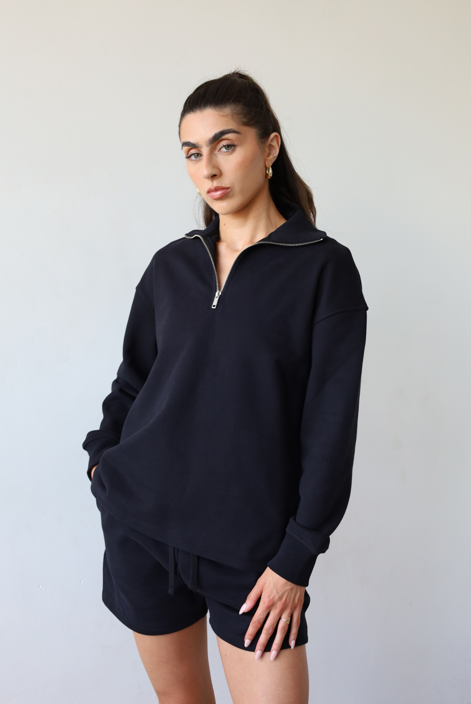 Organic Cotton Quarter Zip Sweatshirt, Black, Front