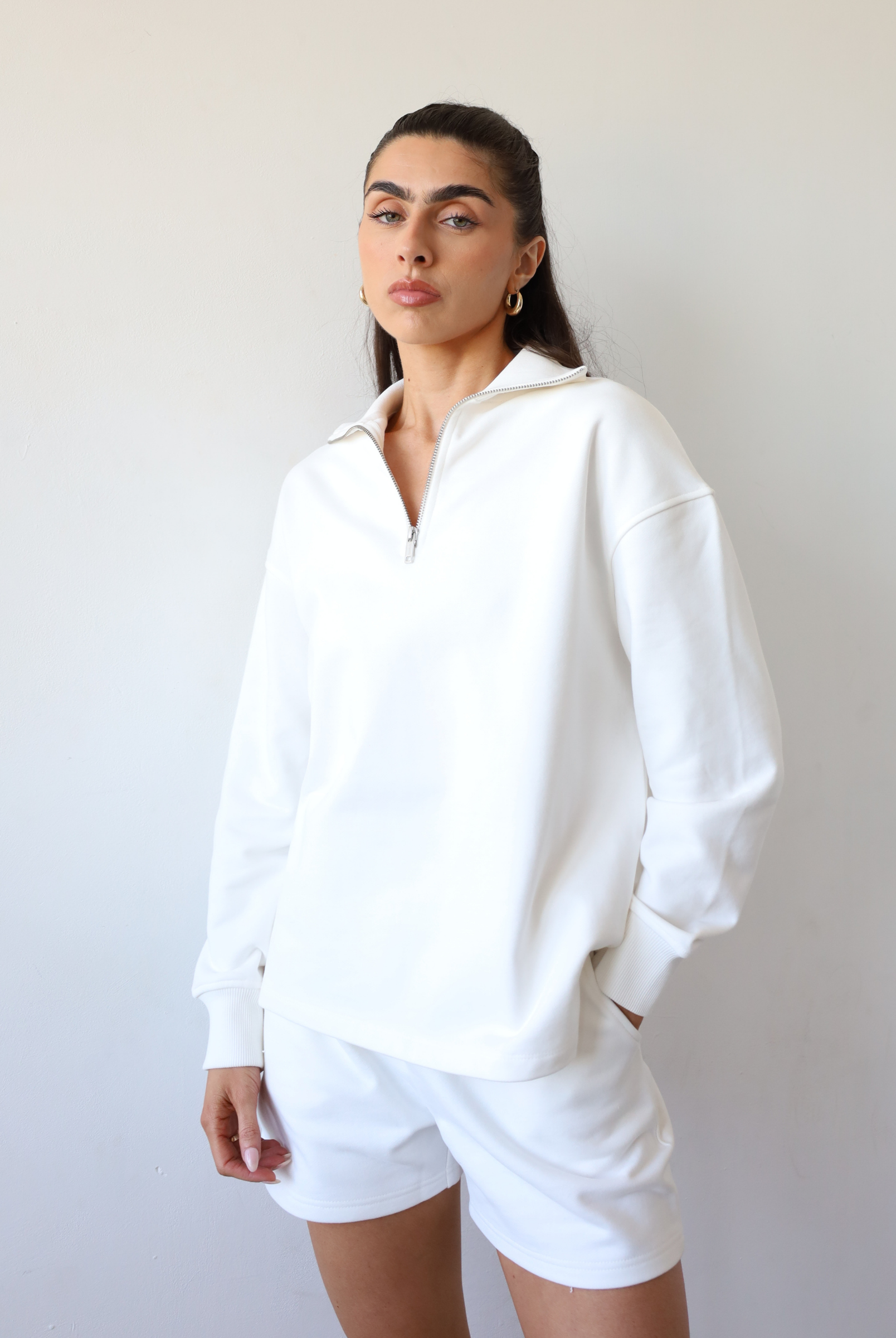 Organic Cotton Quarter Zip Sweatshirt, Off White, Front