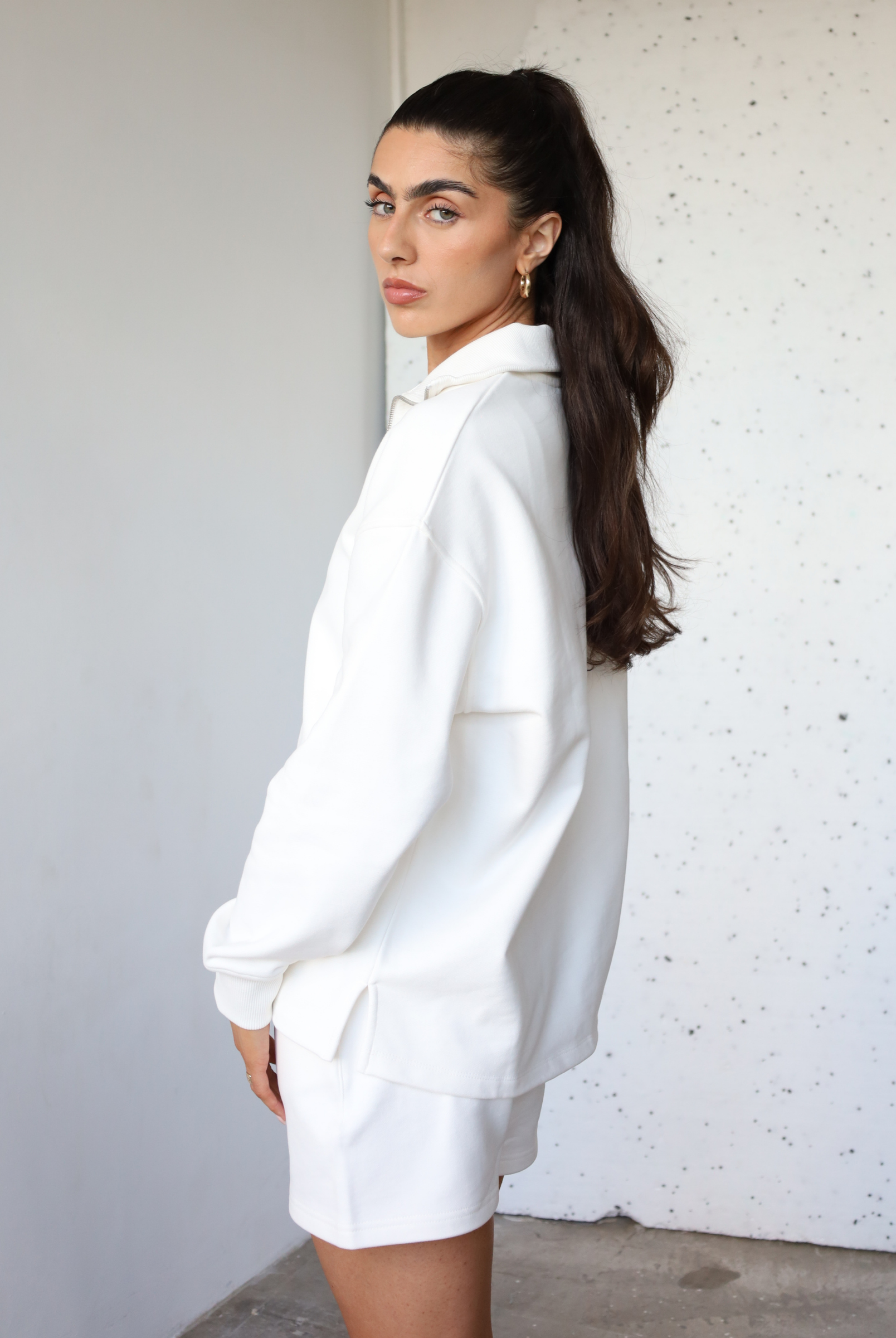 Organic Cotton Quarter Zip Sweatshirt, Off White, Side