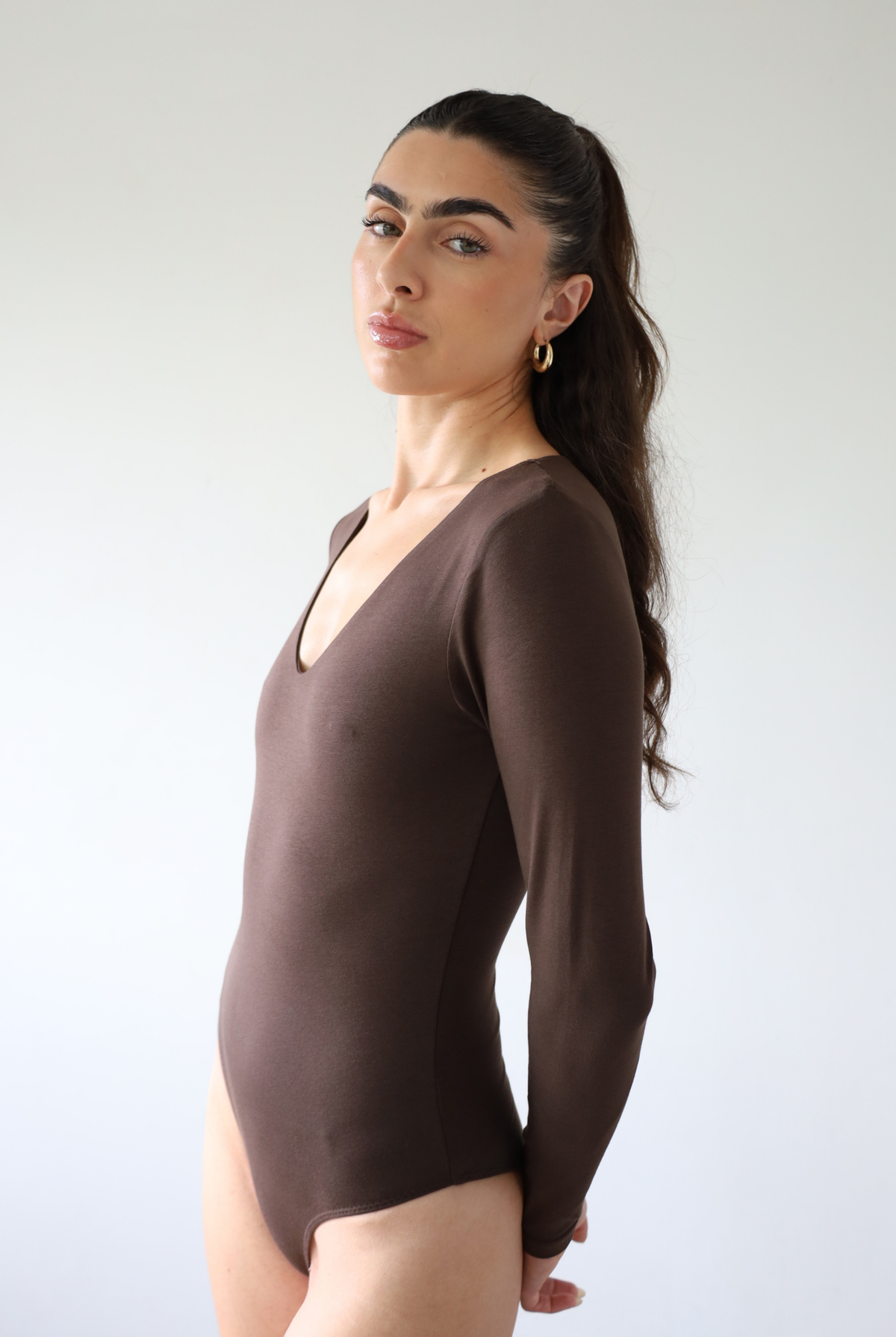 Organic Cotton long sleeve v-neck bodysuit, dark brown, side