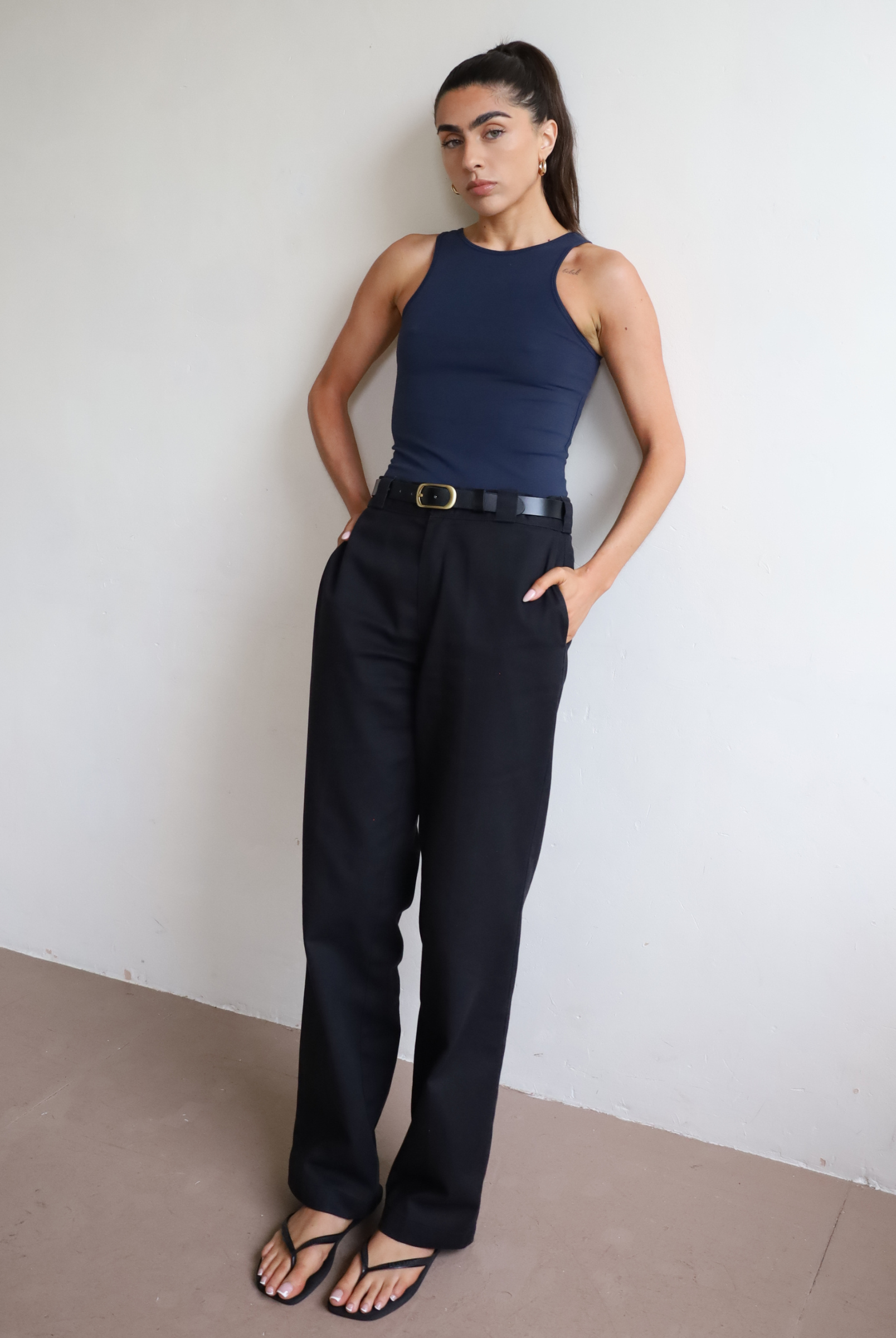 Womens organic cotton high neck tank top, Navy Blue