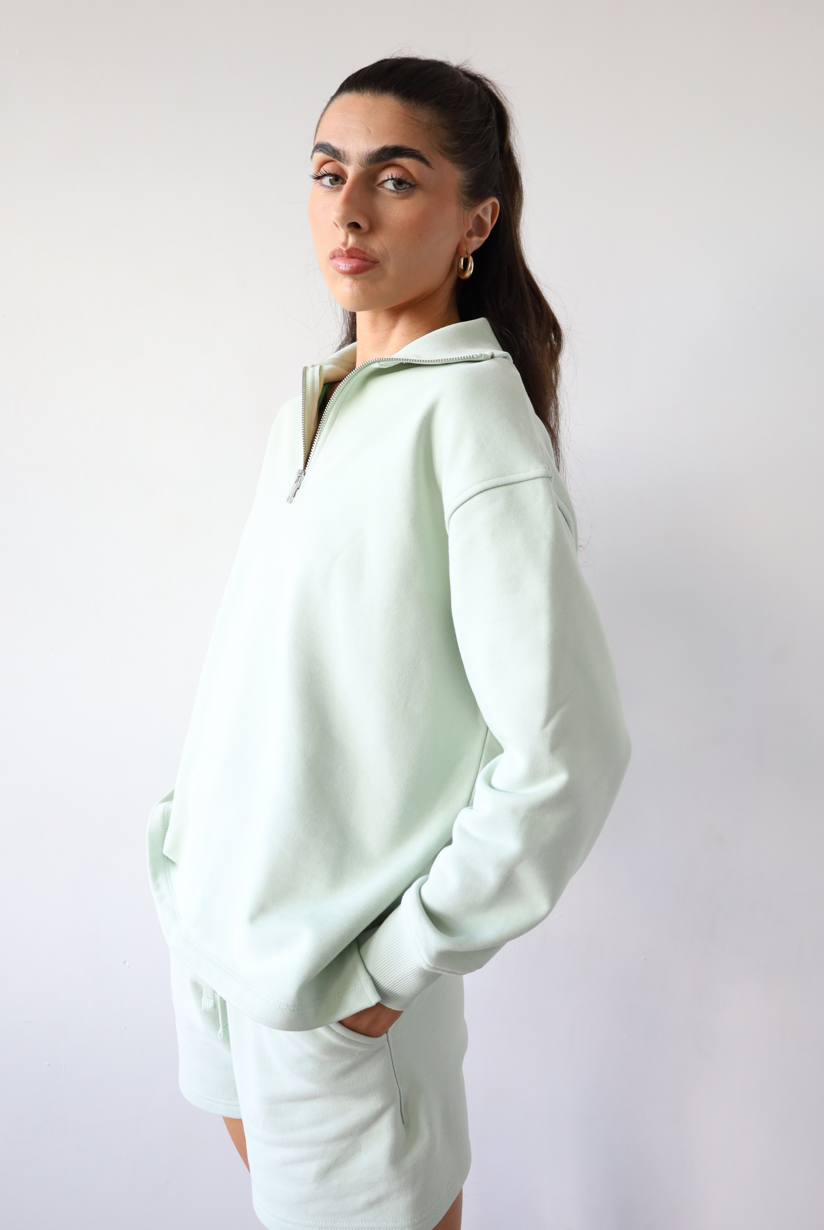 Organic Cotton Quarter Zip Sweatshirt, Light Green, Side