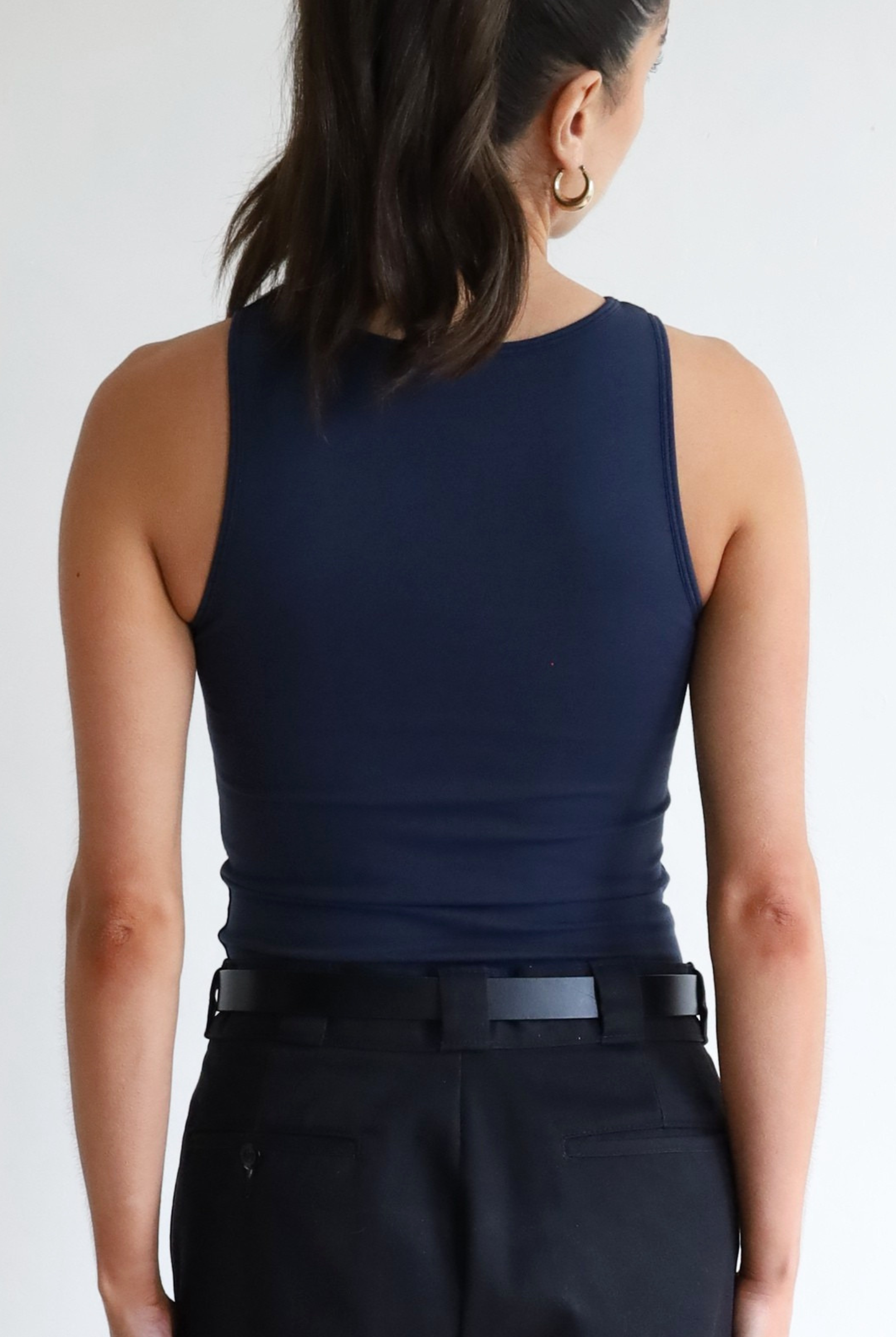 Womens organic cotton high neck tank top, Navy Blue