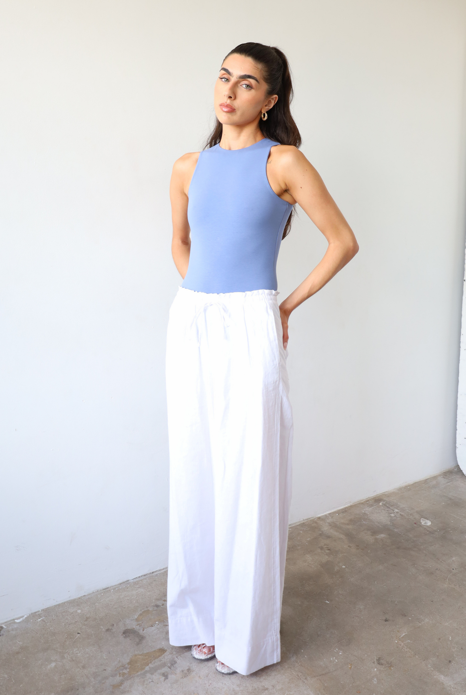 Organic Cotton High-Neck Sleeveless Bodysuit, Light Blue, Front