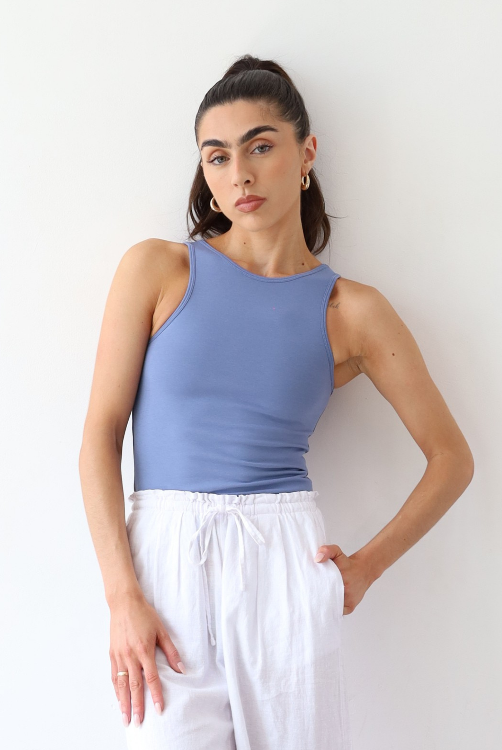 Organic cotton high neck tank top, light blue, front