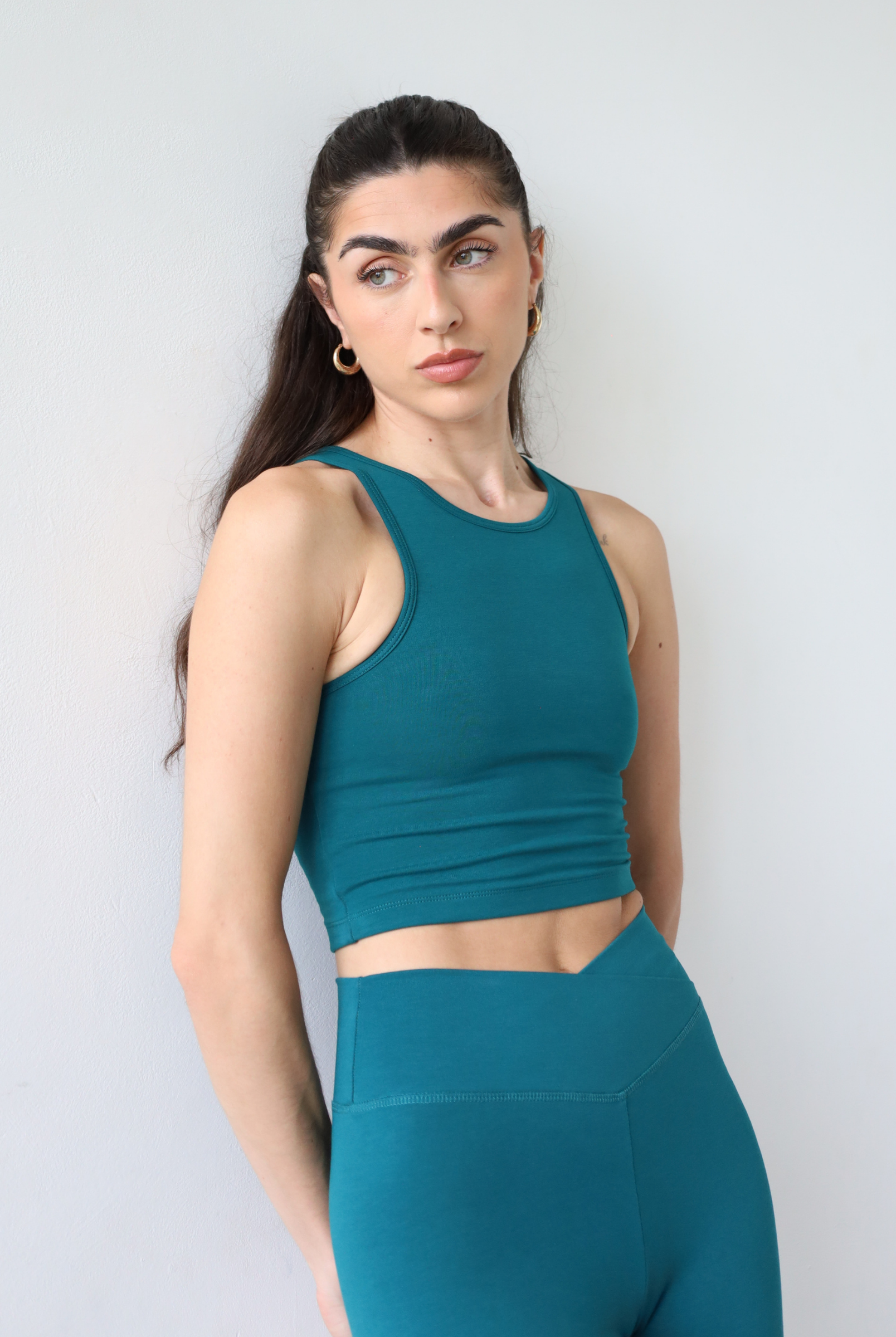 organic cotton wrap waist leggings teal, front