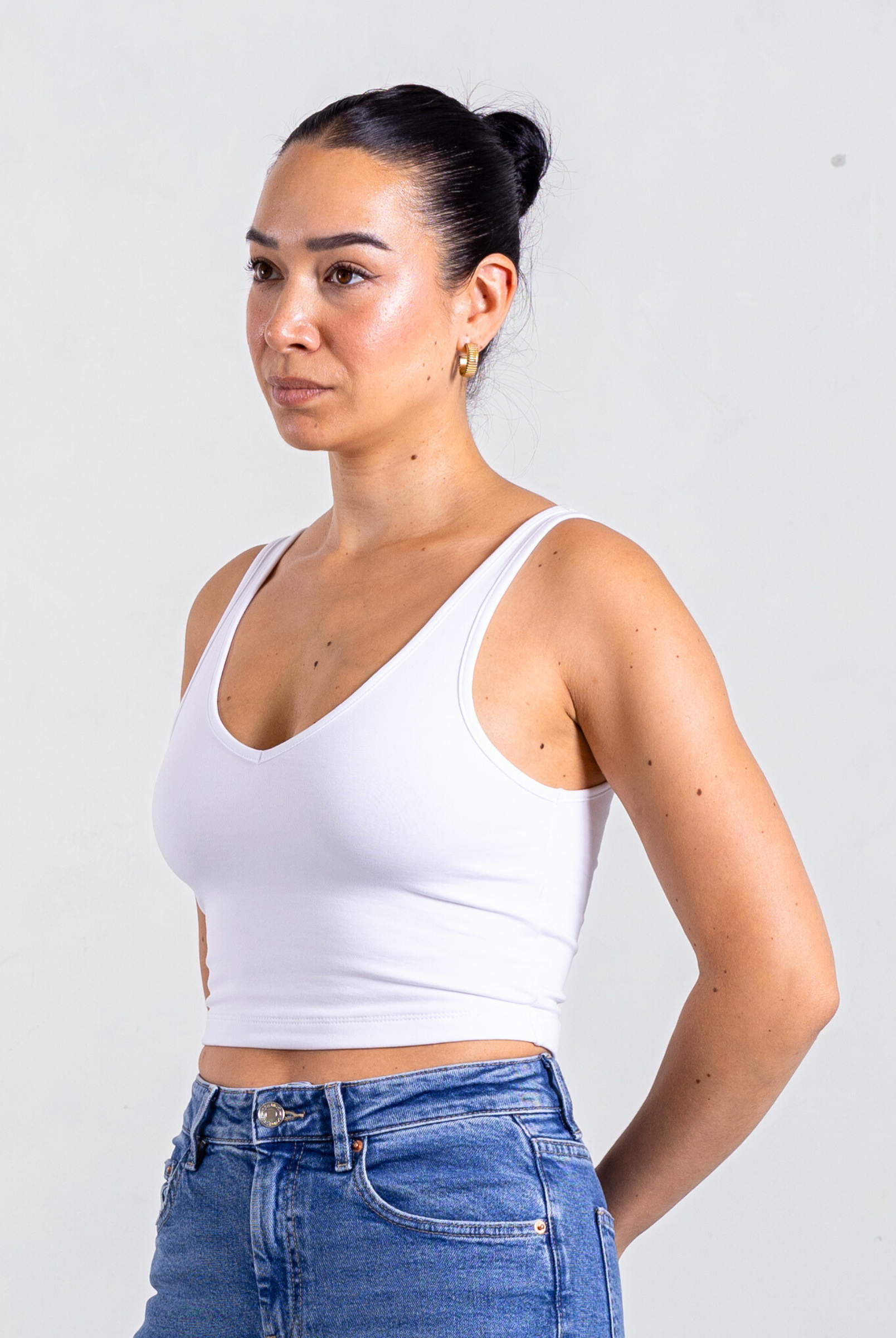 Side V-neck Crop Tank, White