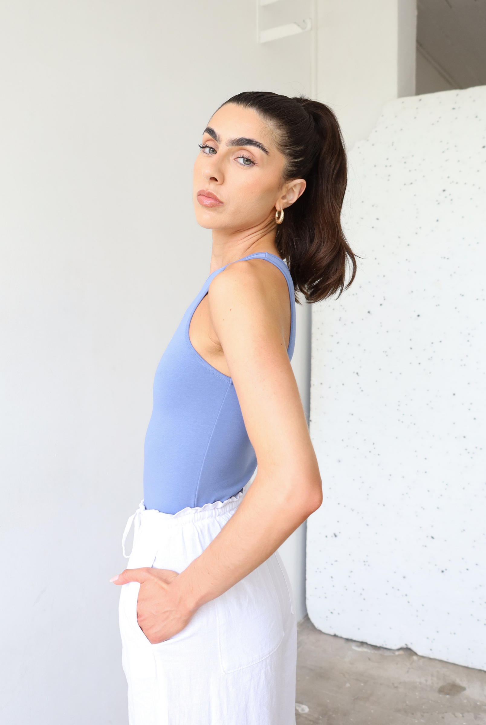 Organic cotton high neck tank top, light blue, side