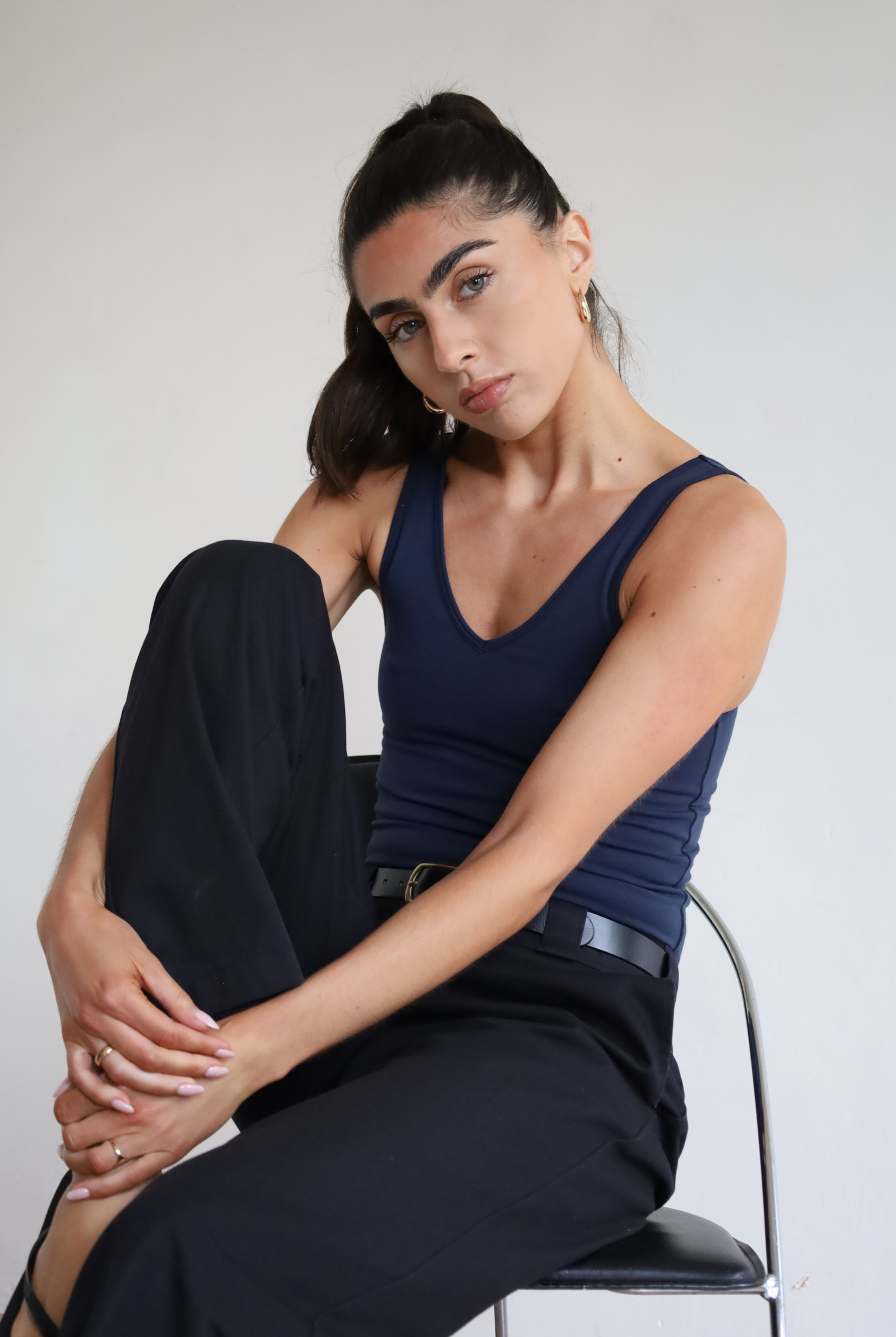 Womens organic cotton v-neck tank top, navy blue