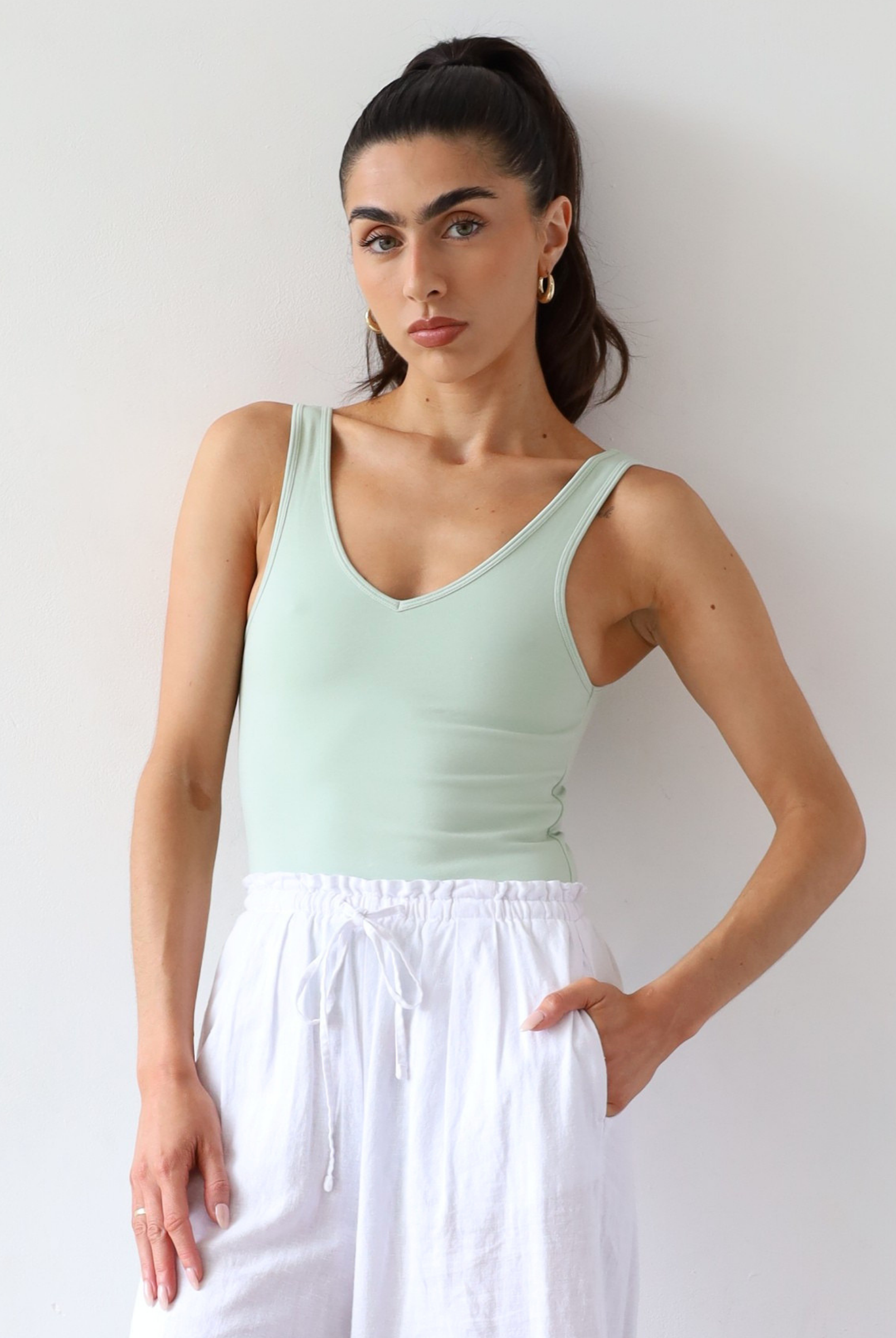 Organic cotton high neck tank top, light green, front