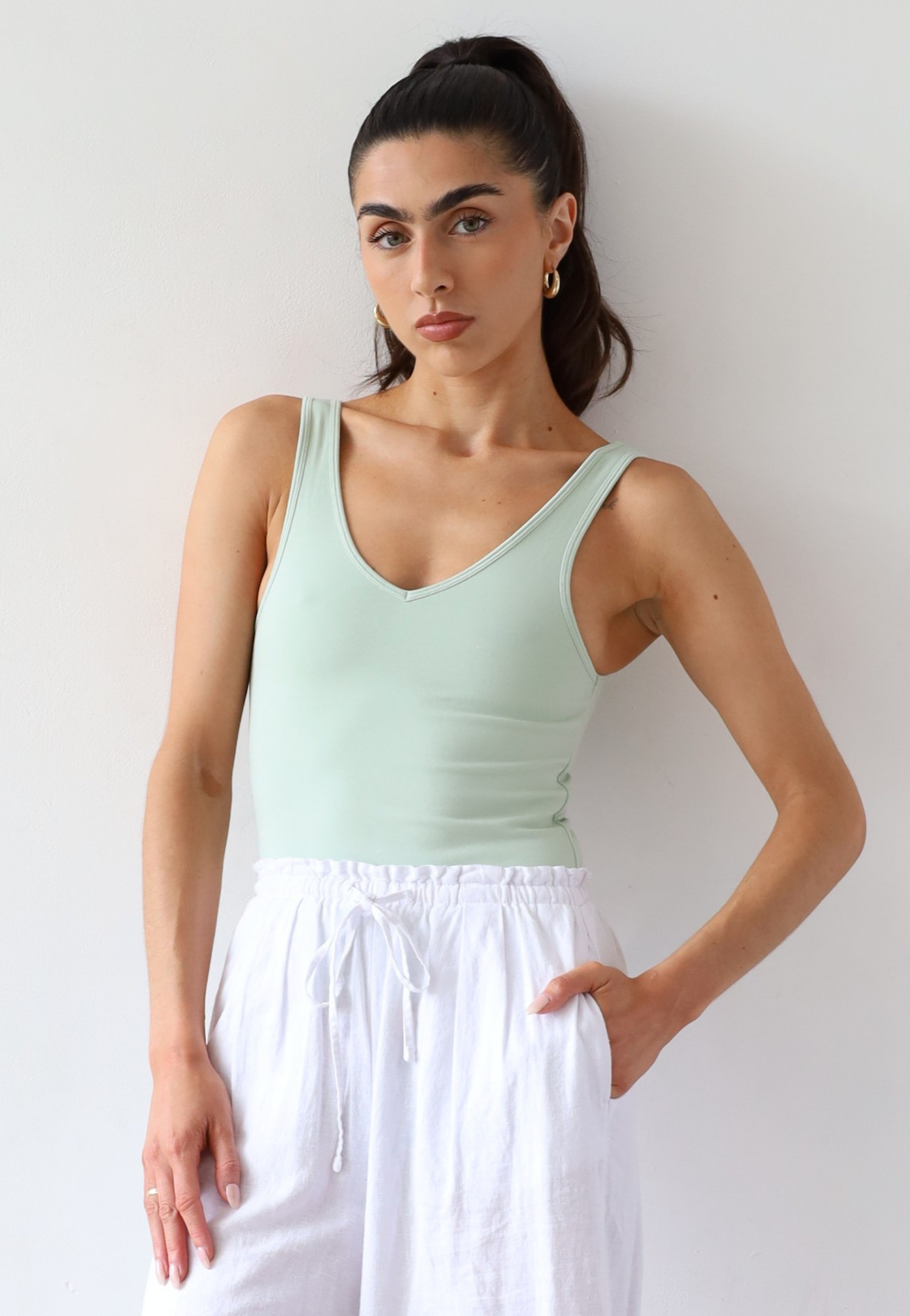 Organic cotton high neck tank top, light green, front