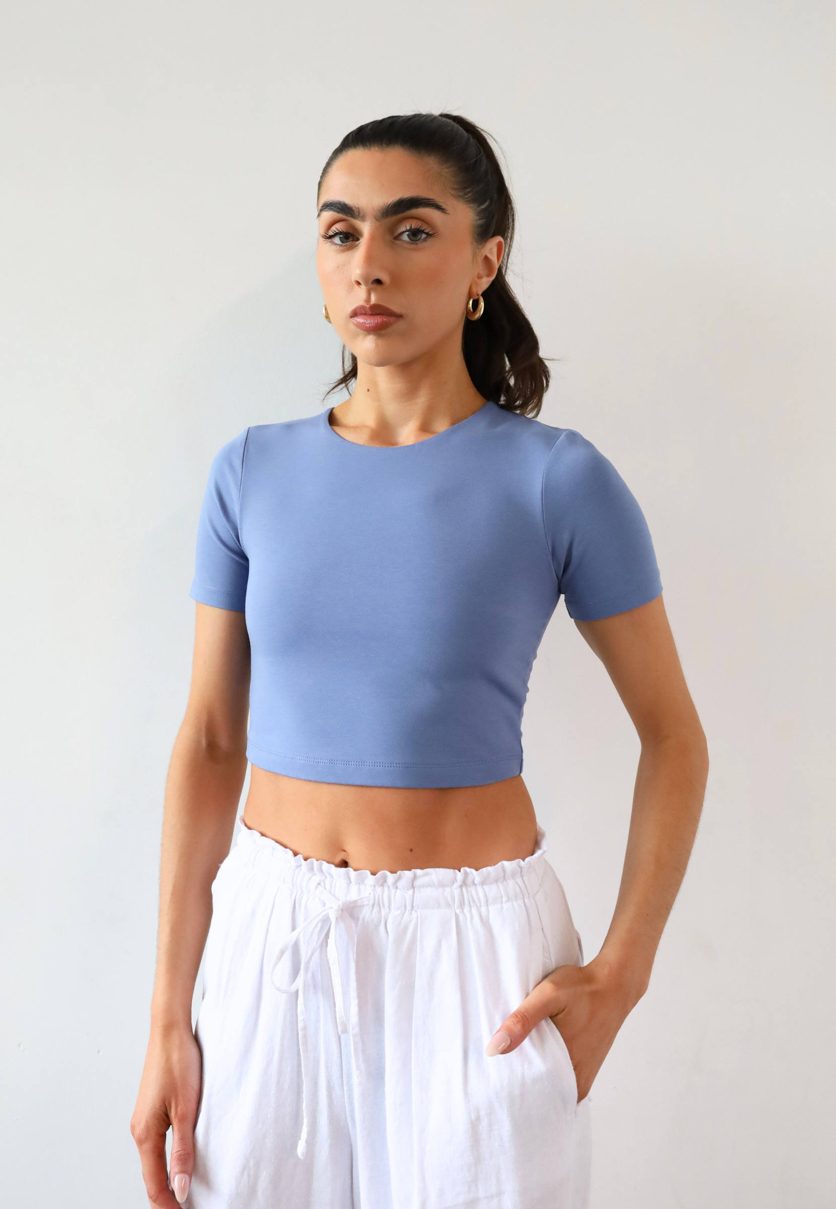 Organic cotton cropped crew neck t-shirt, light blue, front