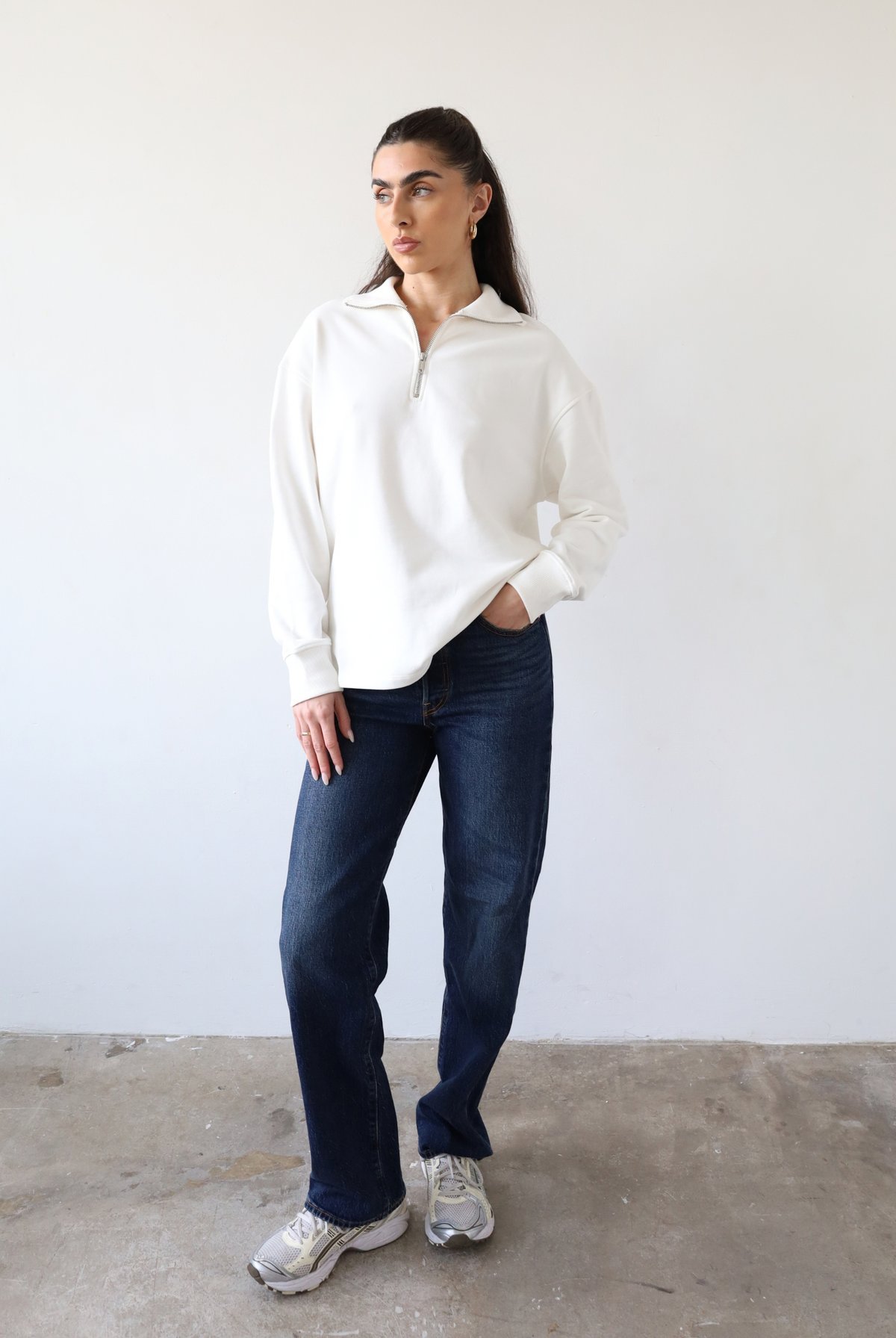 Organic cotton quarter-zip sweatshirt, white, front