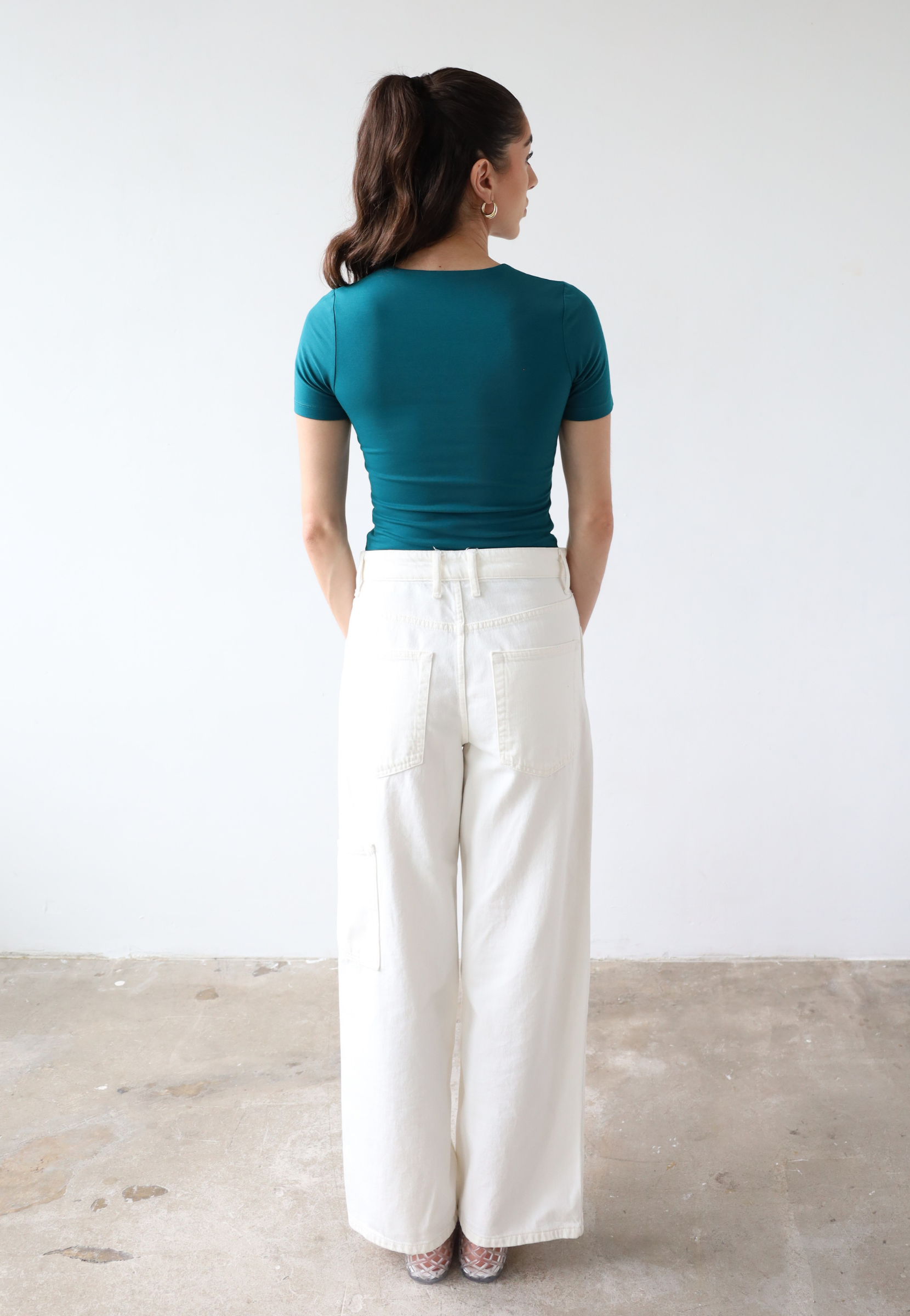 Organic cotton teal crew neck t-shirt, back
