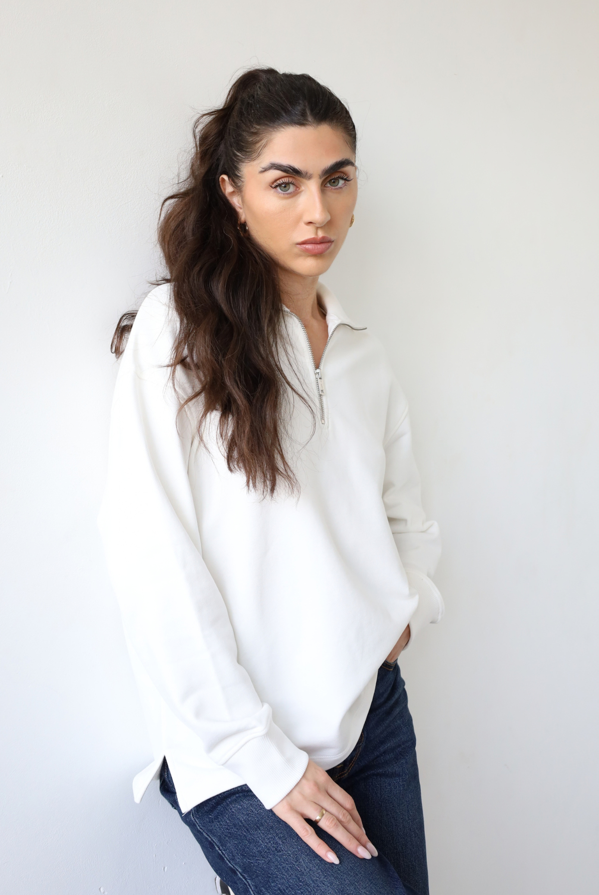 Organic cotton quarter-zip sweatshirt, white, front