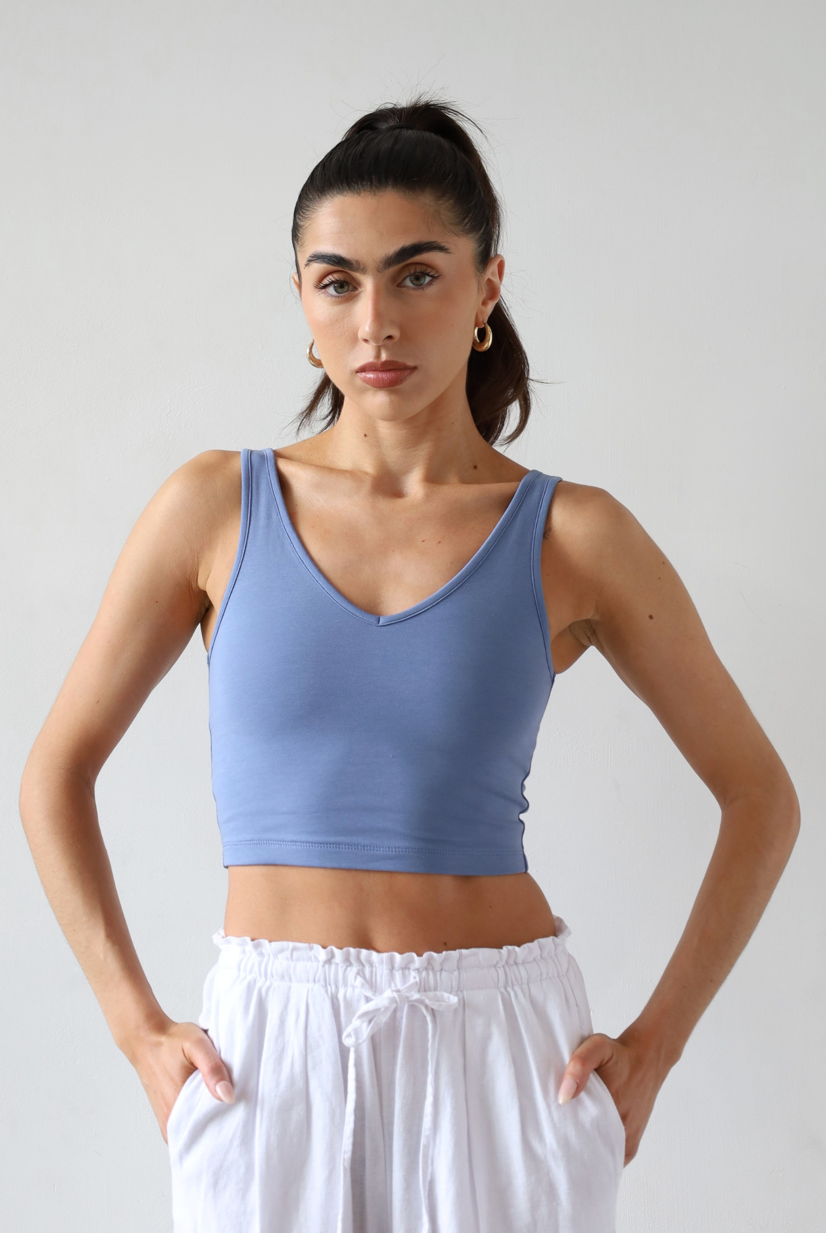 Organic Cotton V-neck Cropped tank top, Light Blue, Front