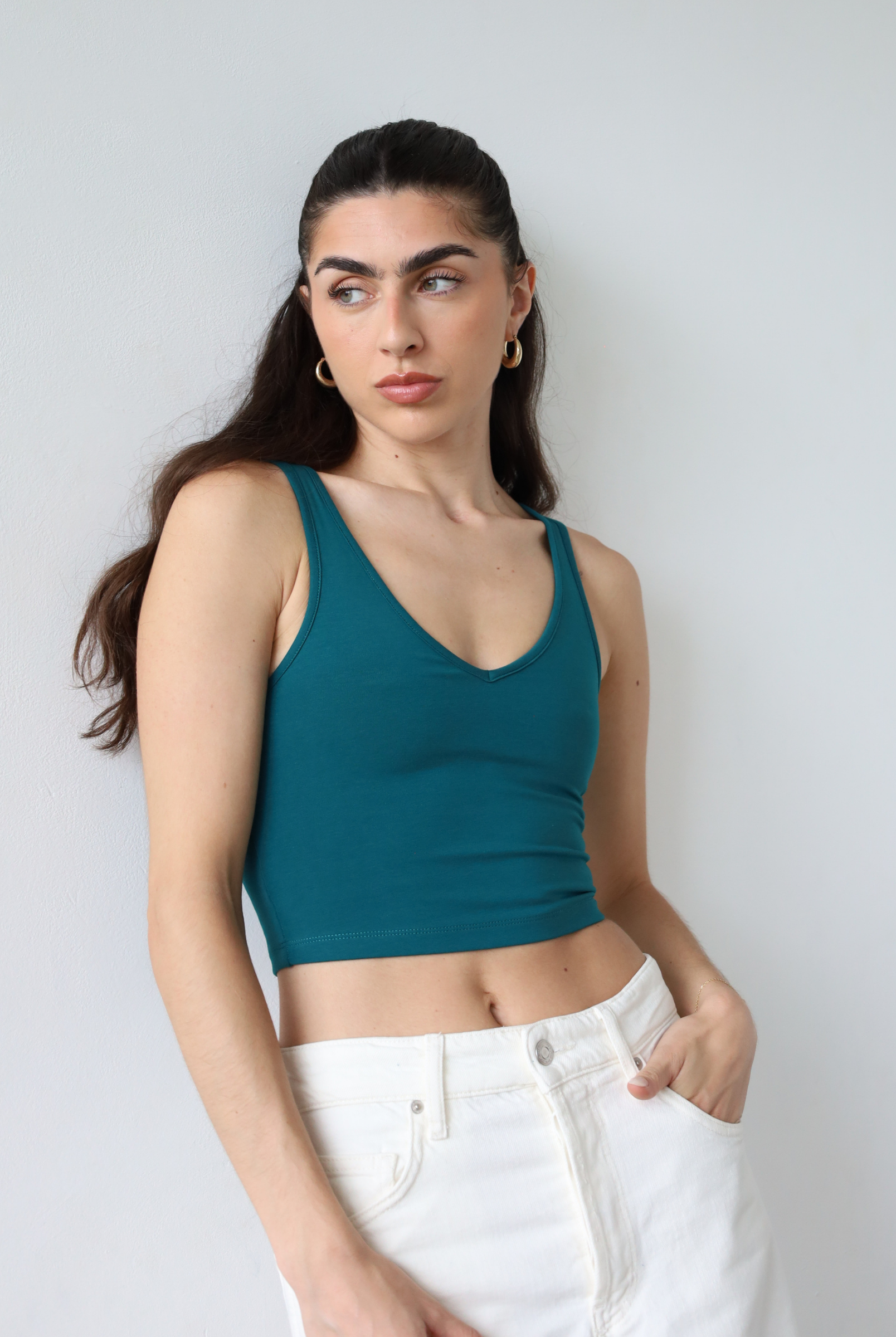 Teal organic cotton v-neck cropped tank top, front