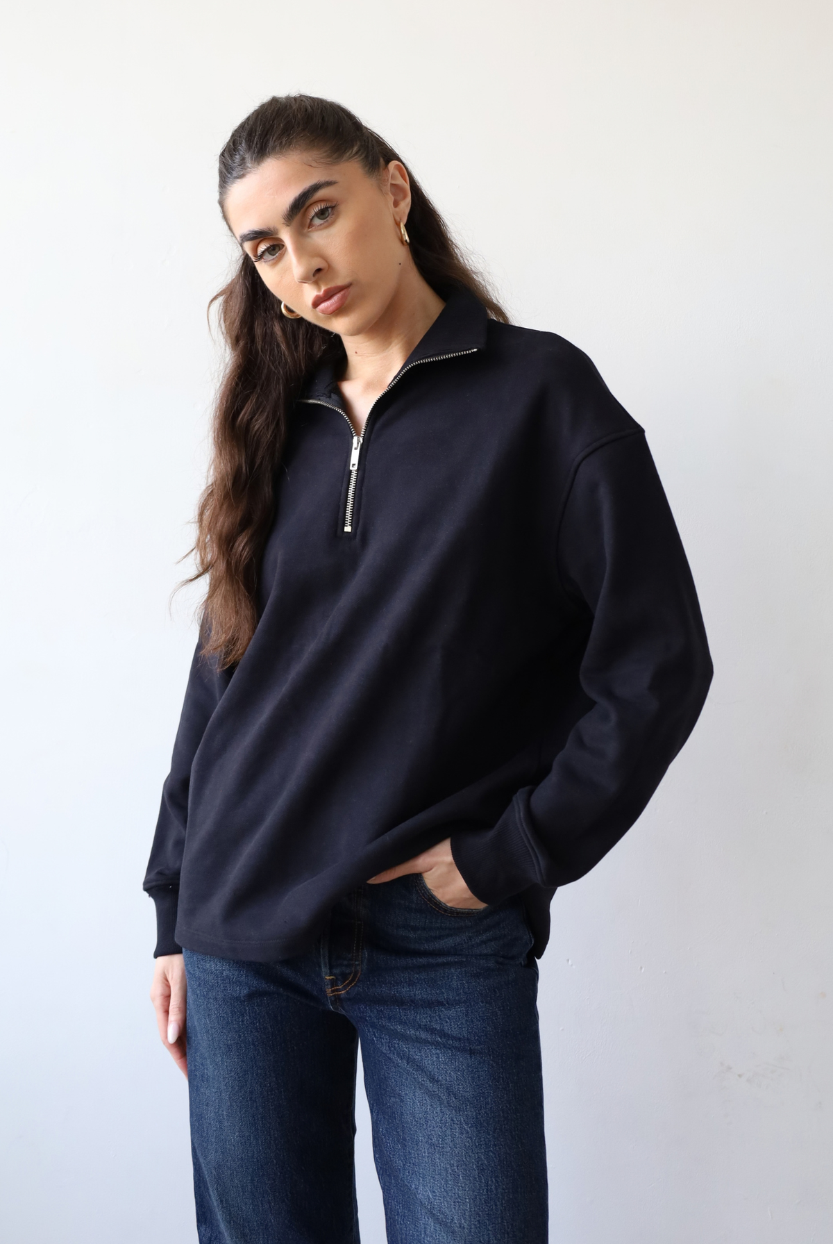 Organic cotton quarter-zip sweatshirt, black, front