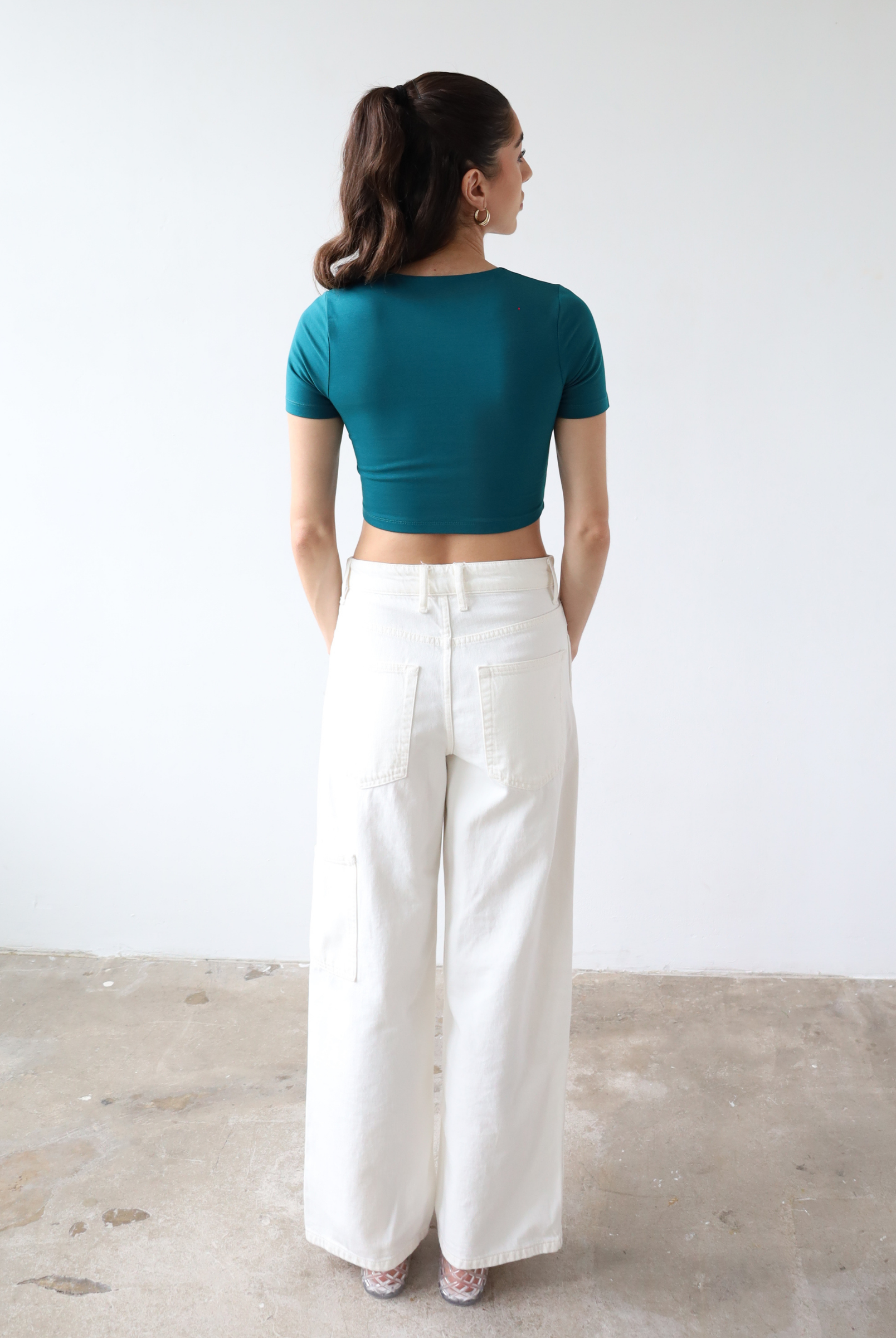 Organic cotton cropped teal crew neck t-shirt, back