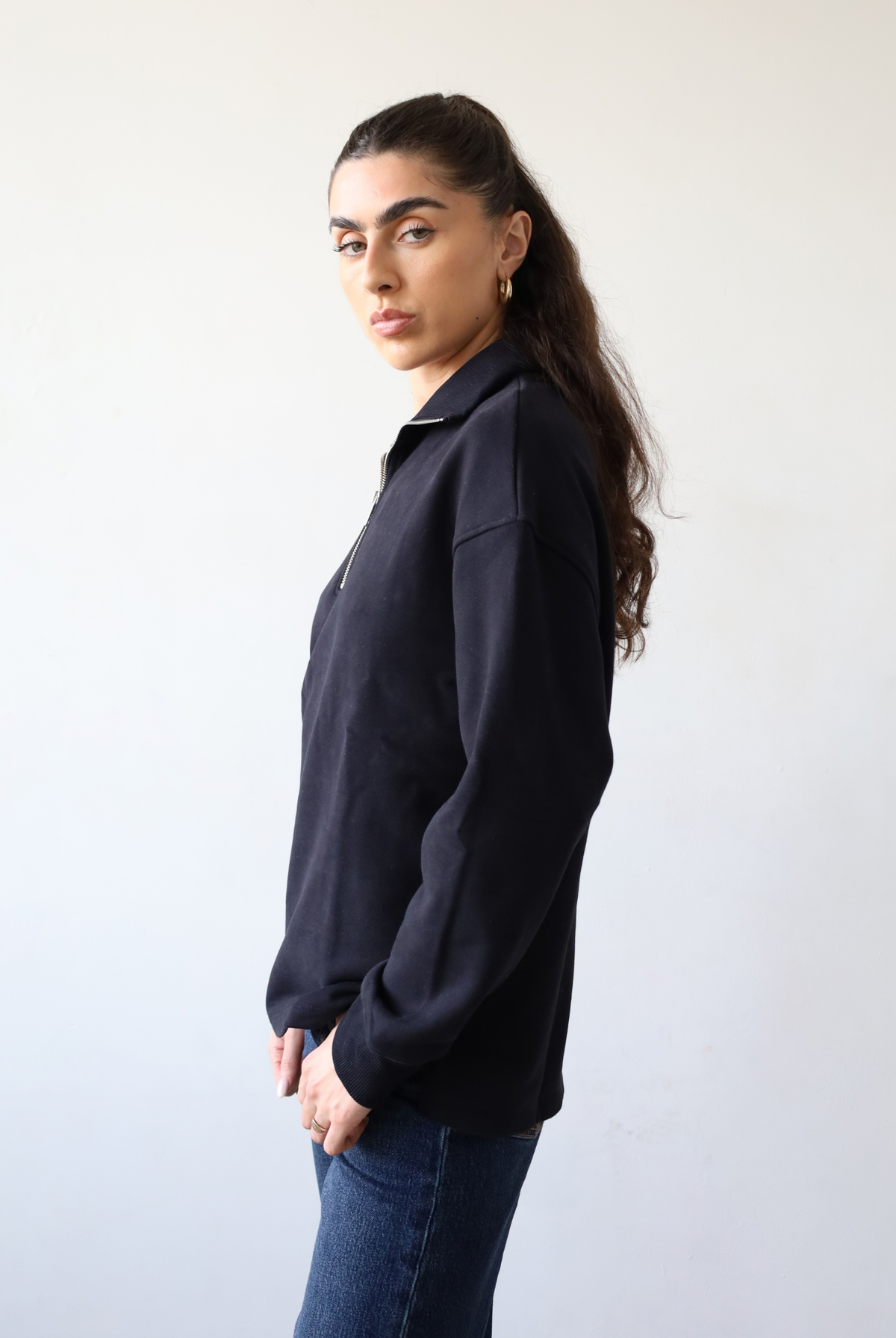 Organic cotton quarter-zip sweatshirt, black, side
