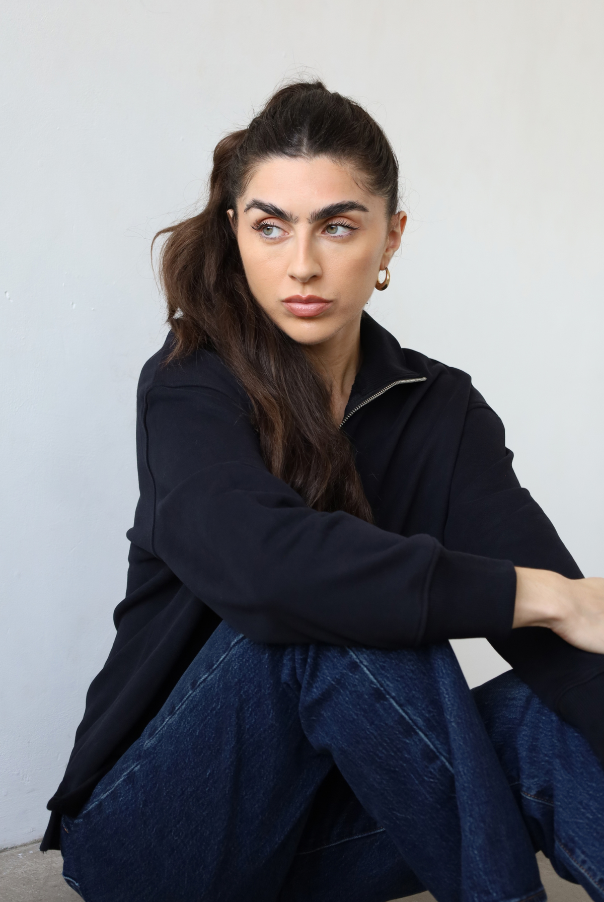 Organic cotton quarter-zip sweatshirt, black, front