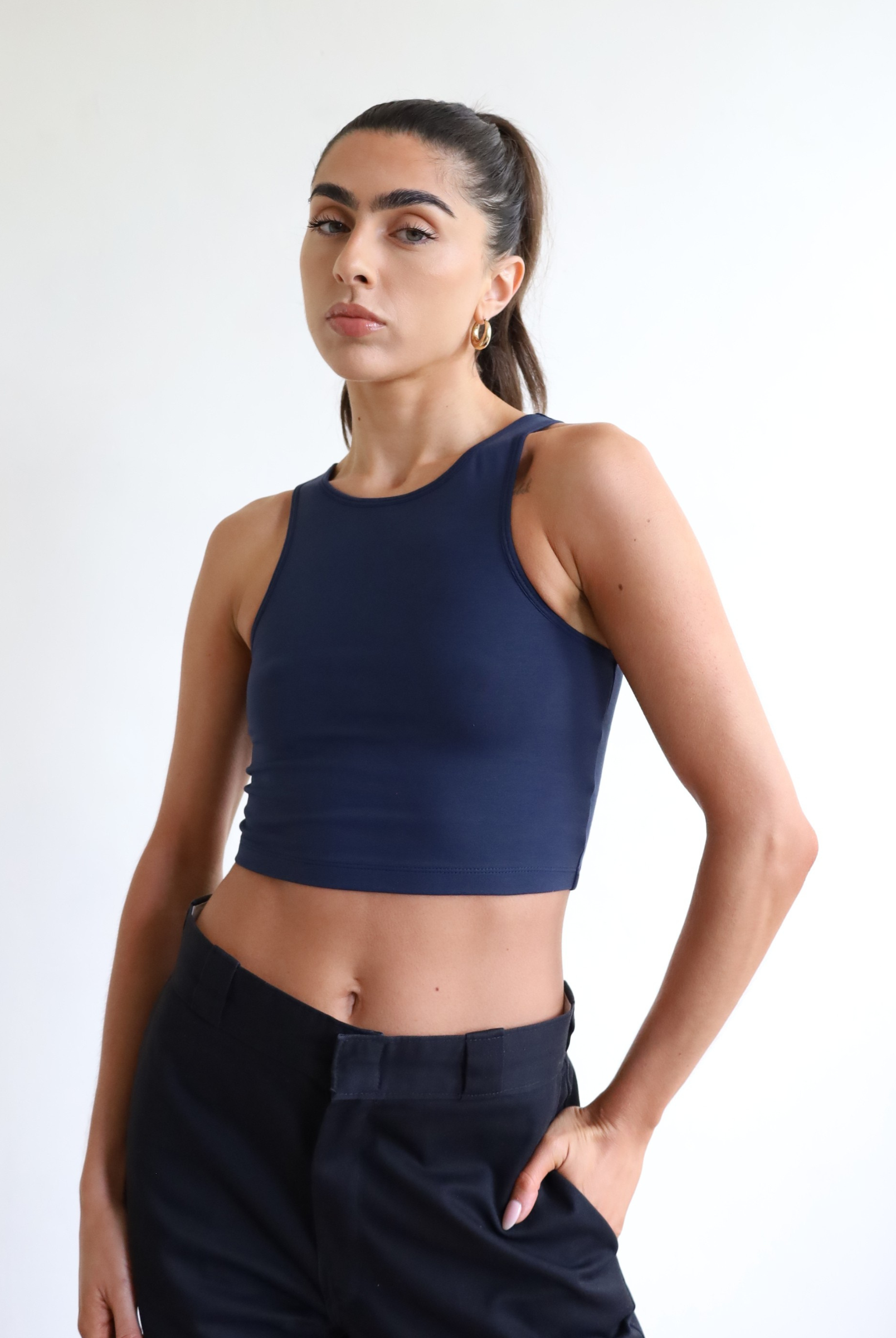 Womens organic cotton high neck cropped tank top, Navy blue