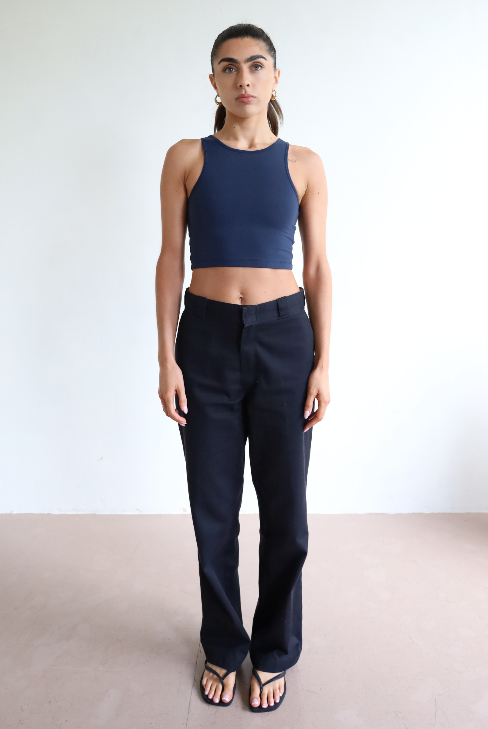 Womens organic cotton high neck cropped tank top, Navy blue
