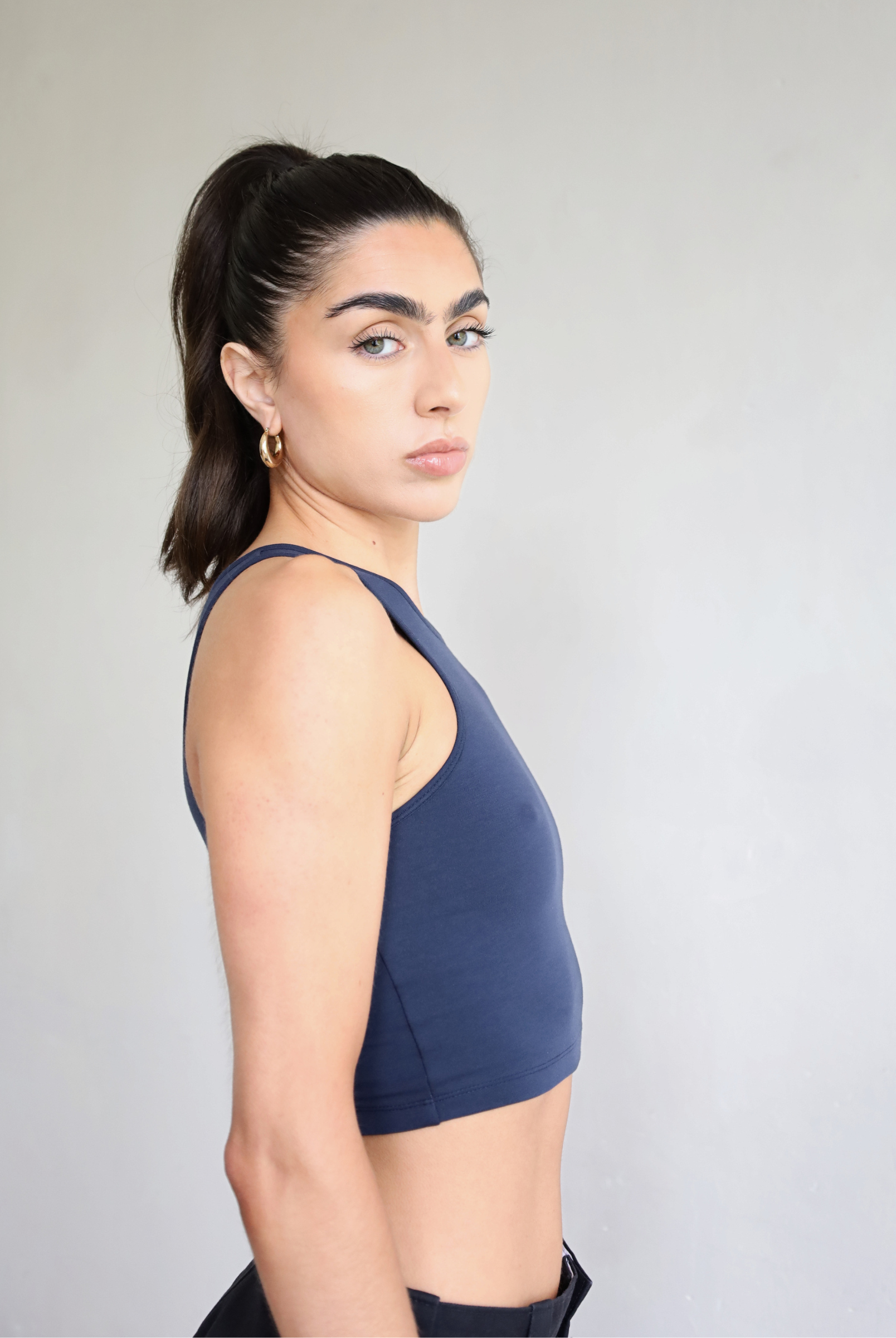Womens organic cotton high neck cropped tank top, Navy blue
