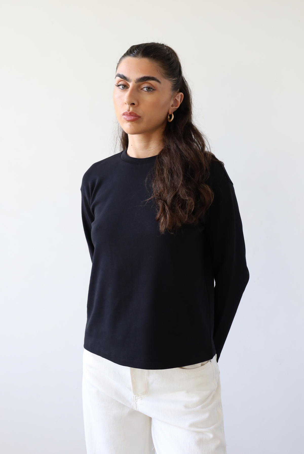 organic cotton long sleeve relaxed fit crew neck t-shirt, black, front