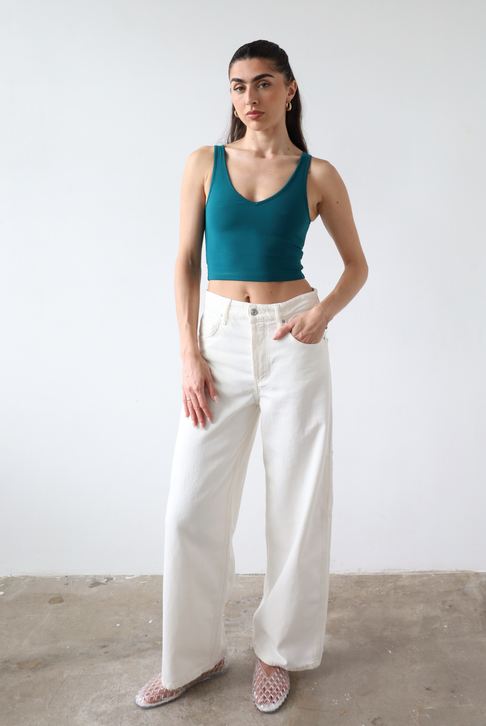 Teal organic cotton v-neck cropped tank top, front