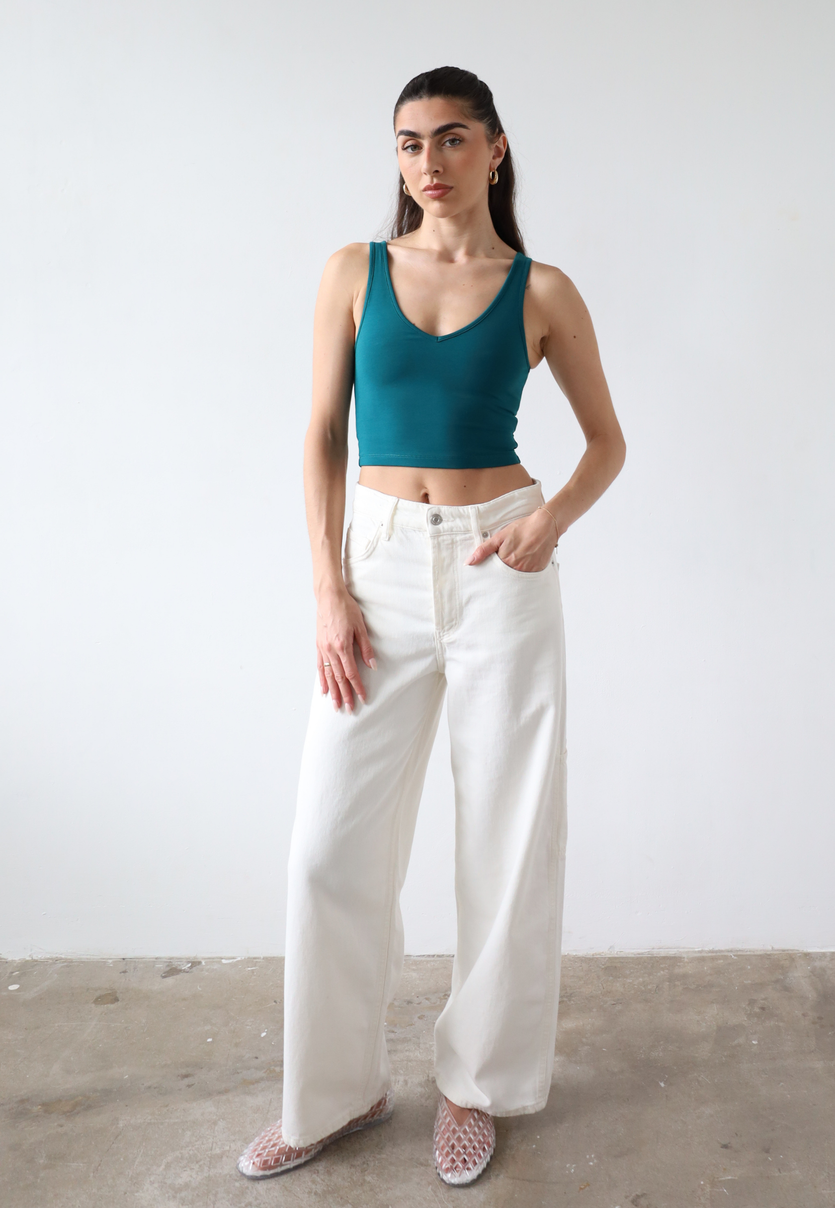 Teal organic cotton v-neck cropped tank top, front