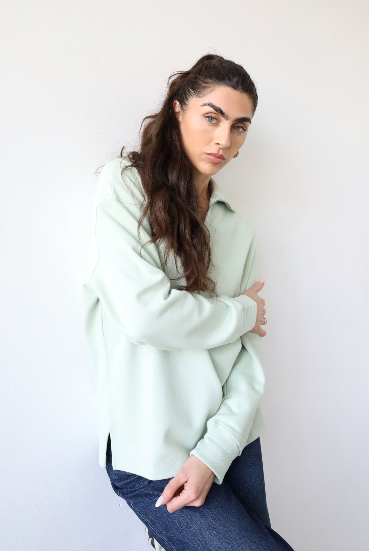 Organic cotton quarter-zip sweatshirt, light green, front