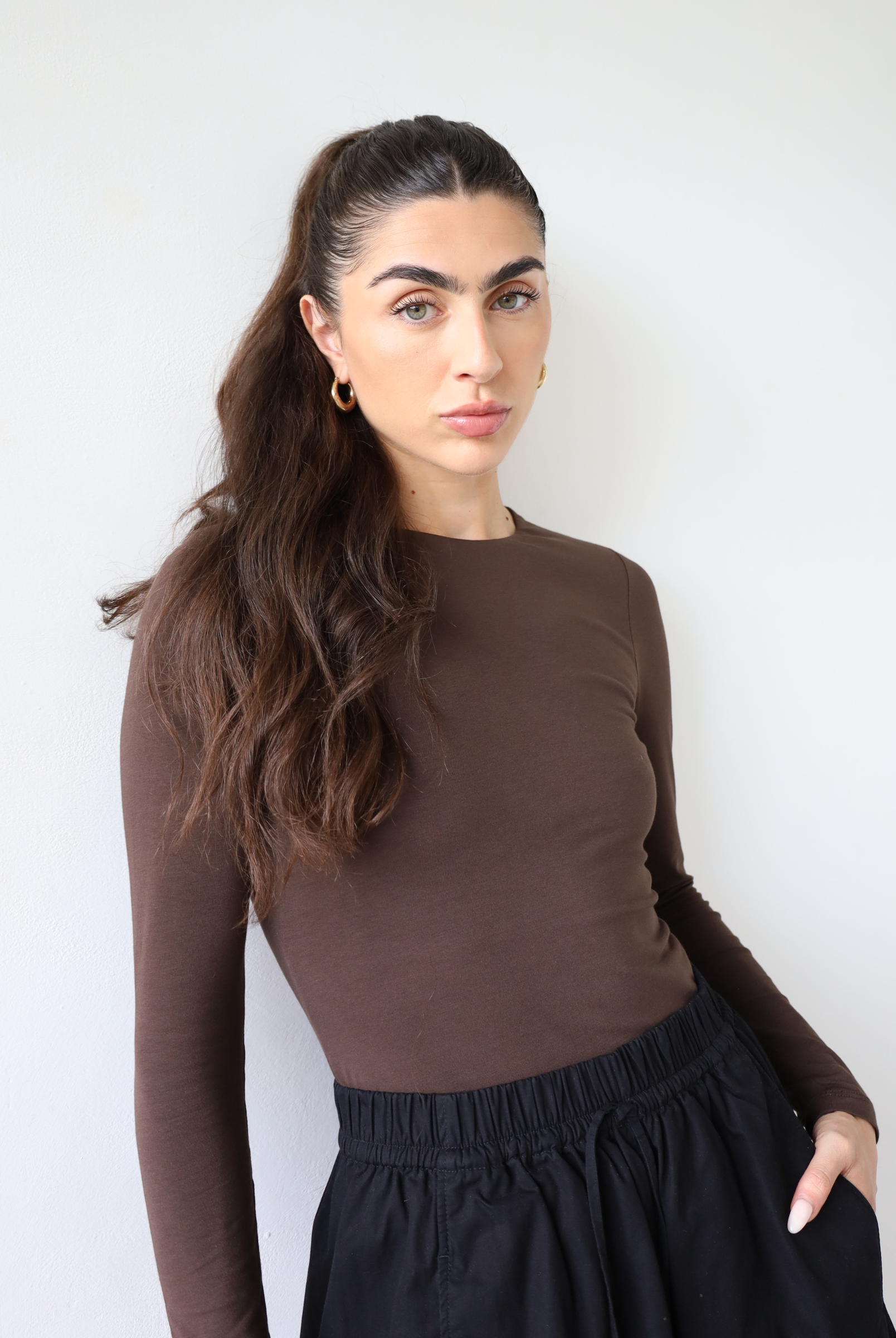 organic cotton long sleeve crew neck t-shirt, dark brown, front