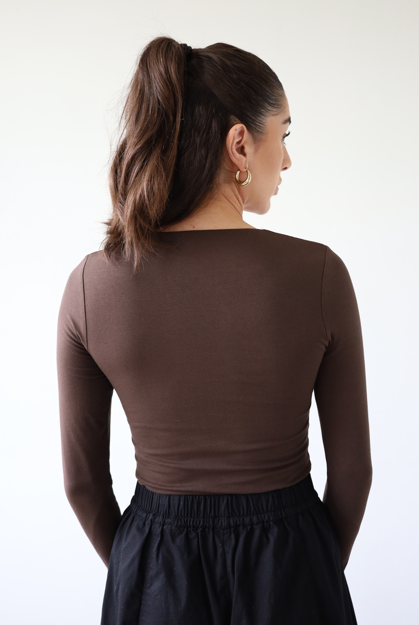 organic cotton long sleeve crew neck t-shirt, dark brown, back