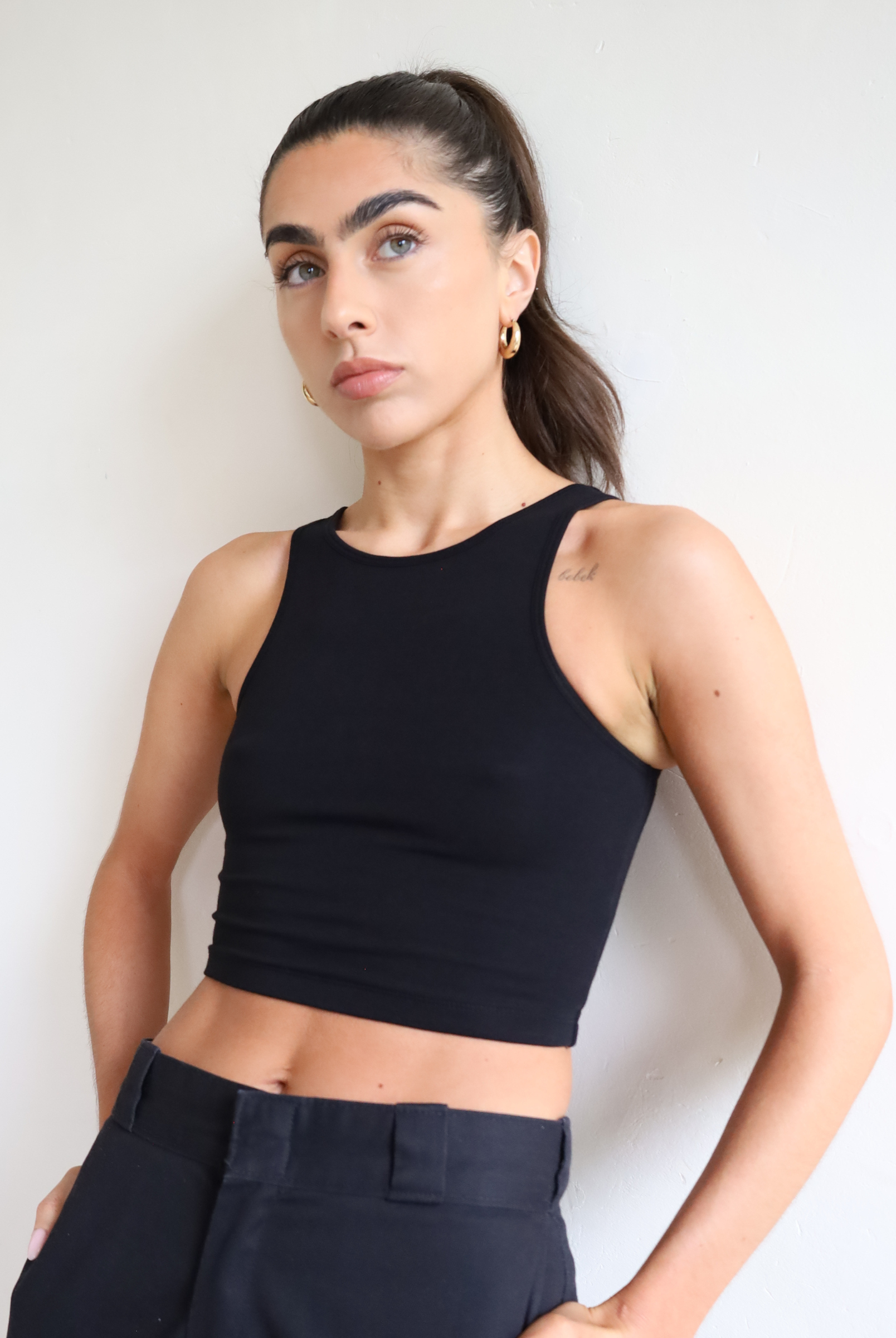 Womens organic cotton high neck cropped tank top, Black, Front