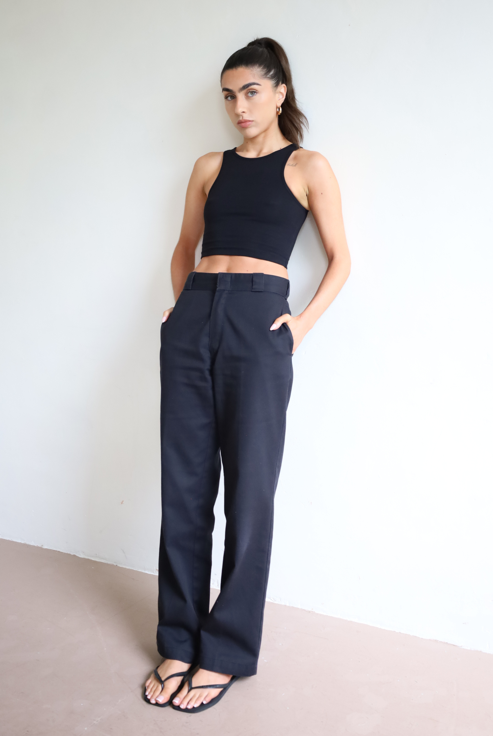 Womens organic cotton high neck cropped tank top, Black, Front
