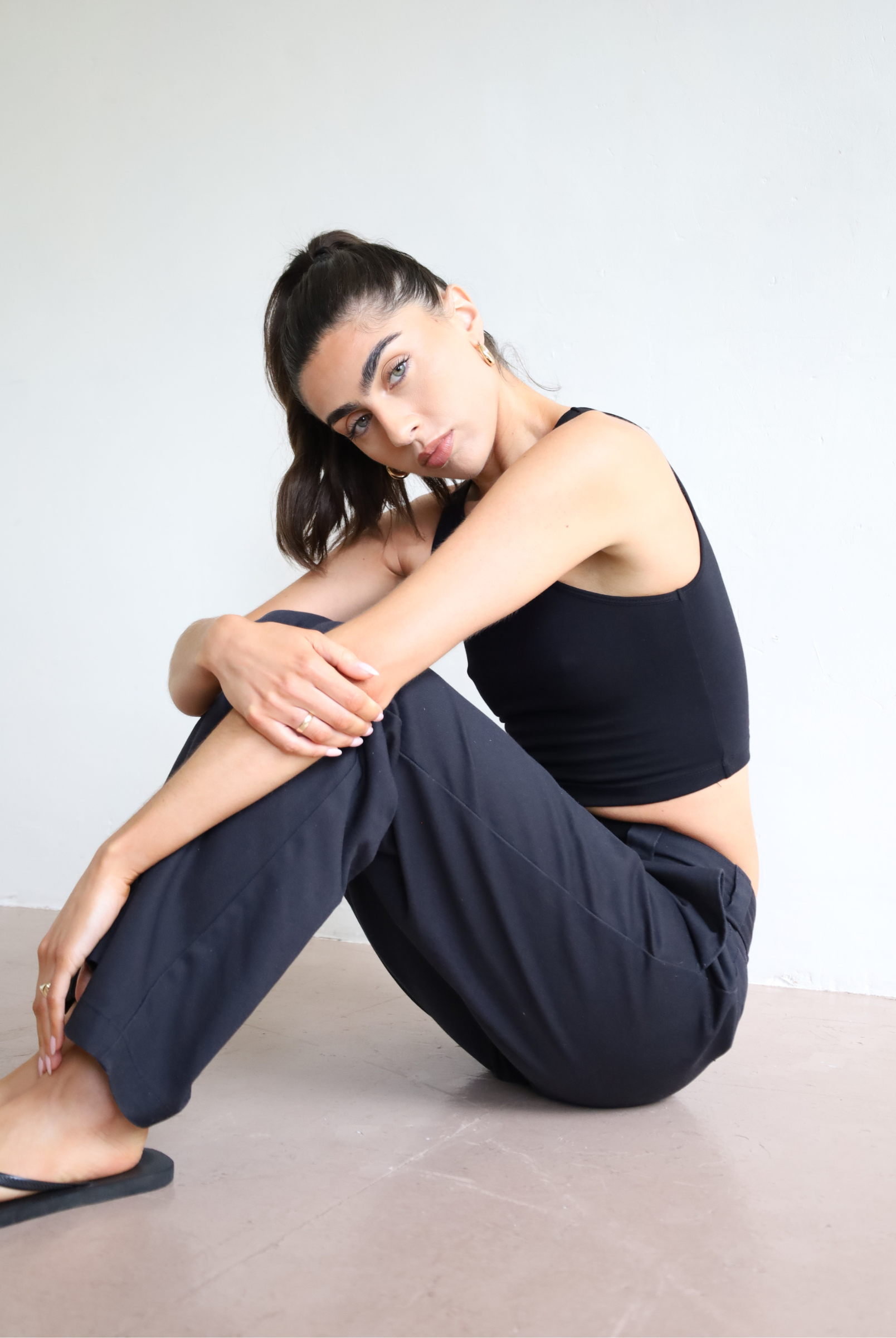 Womens organic cotton high neck cropped tank top, Black, Side