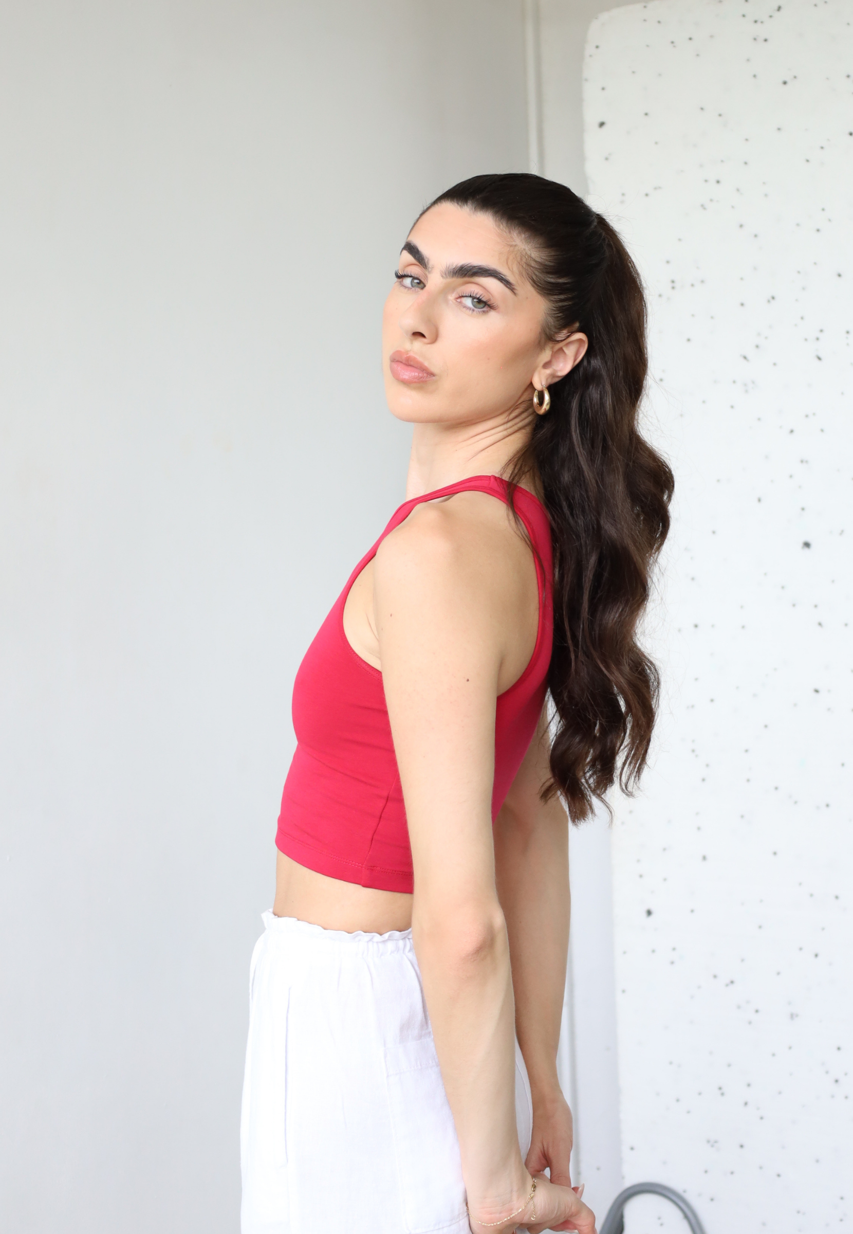 Organic Cotton High-Neck Cropped Tank, Fuchsia Pink, side