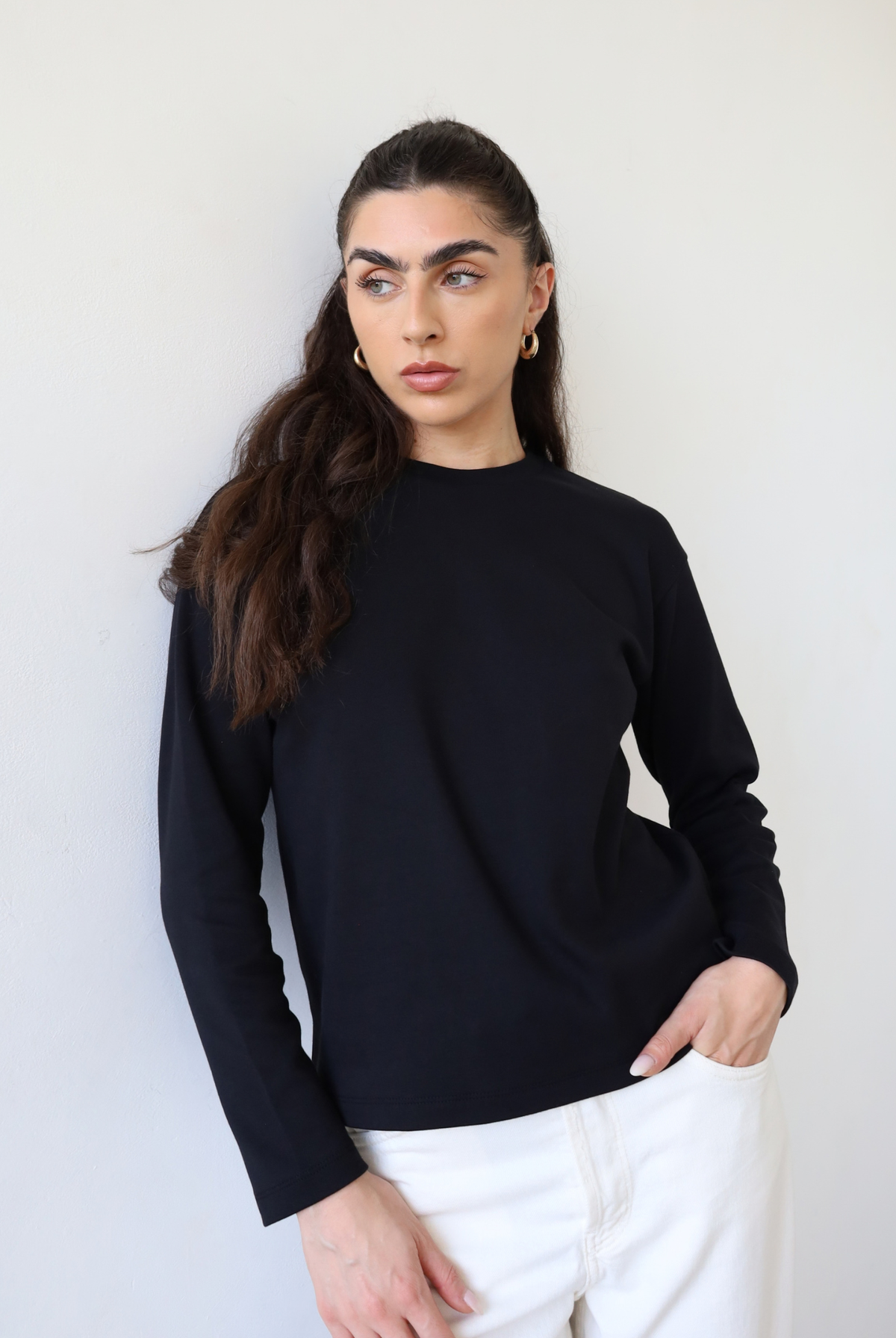organic cotton long sleeve relaxed fit crew neck t-shirt, black, front