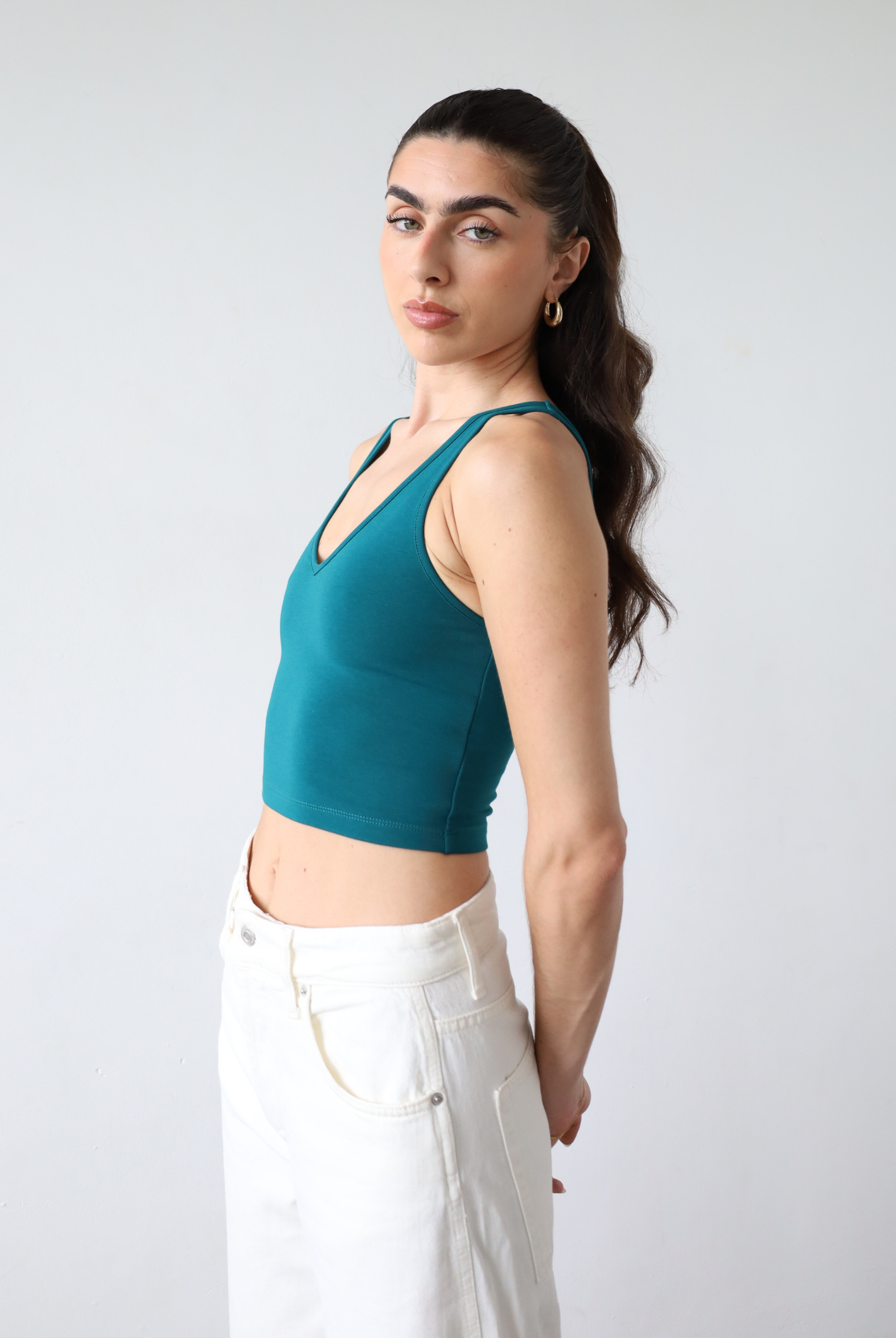 Teal organic cotton v-neck cropped tank top, side