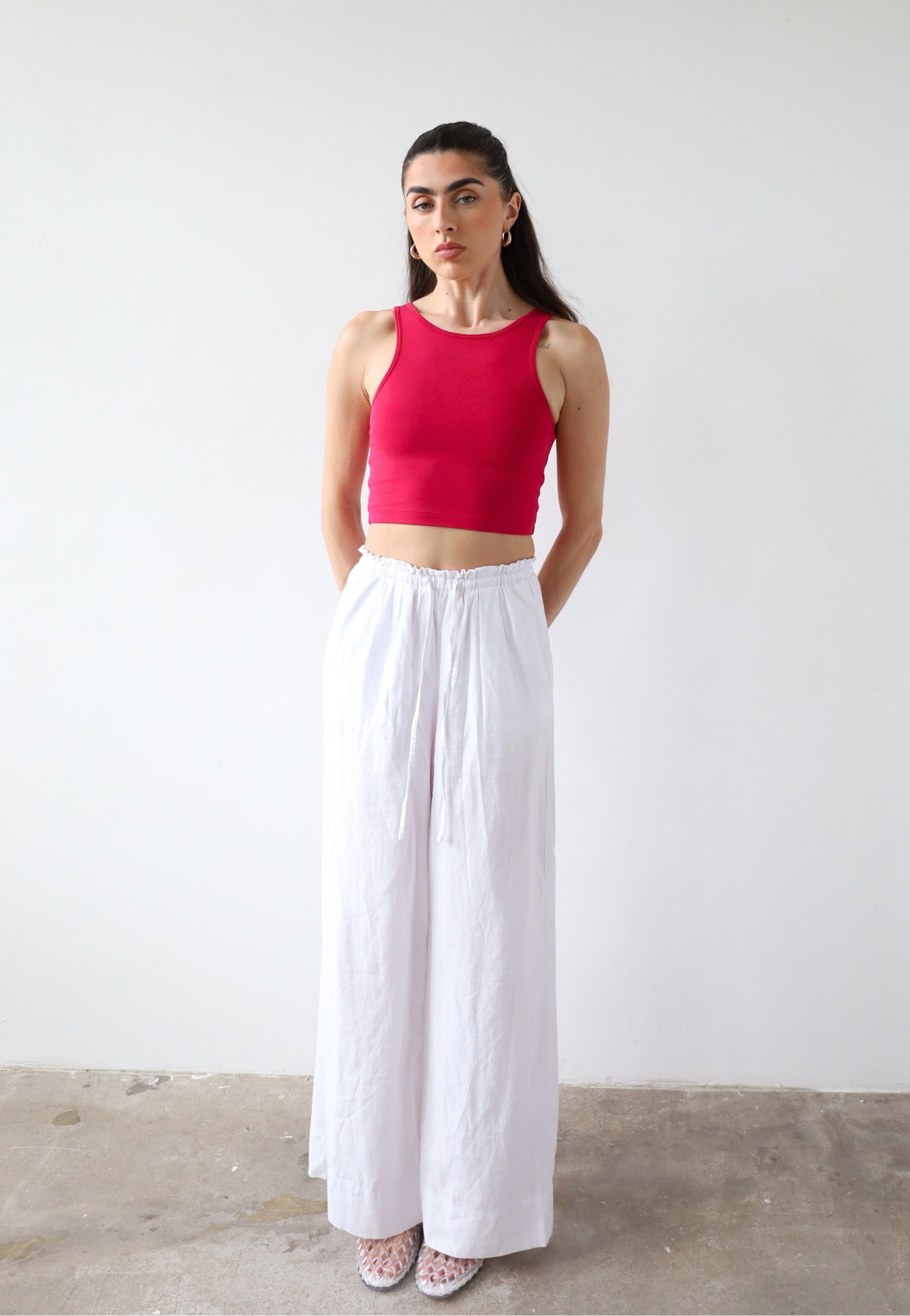 Organic cotton pink crop tank top, front