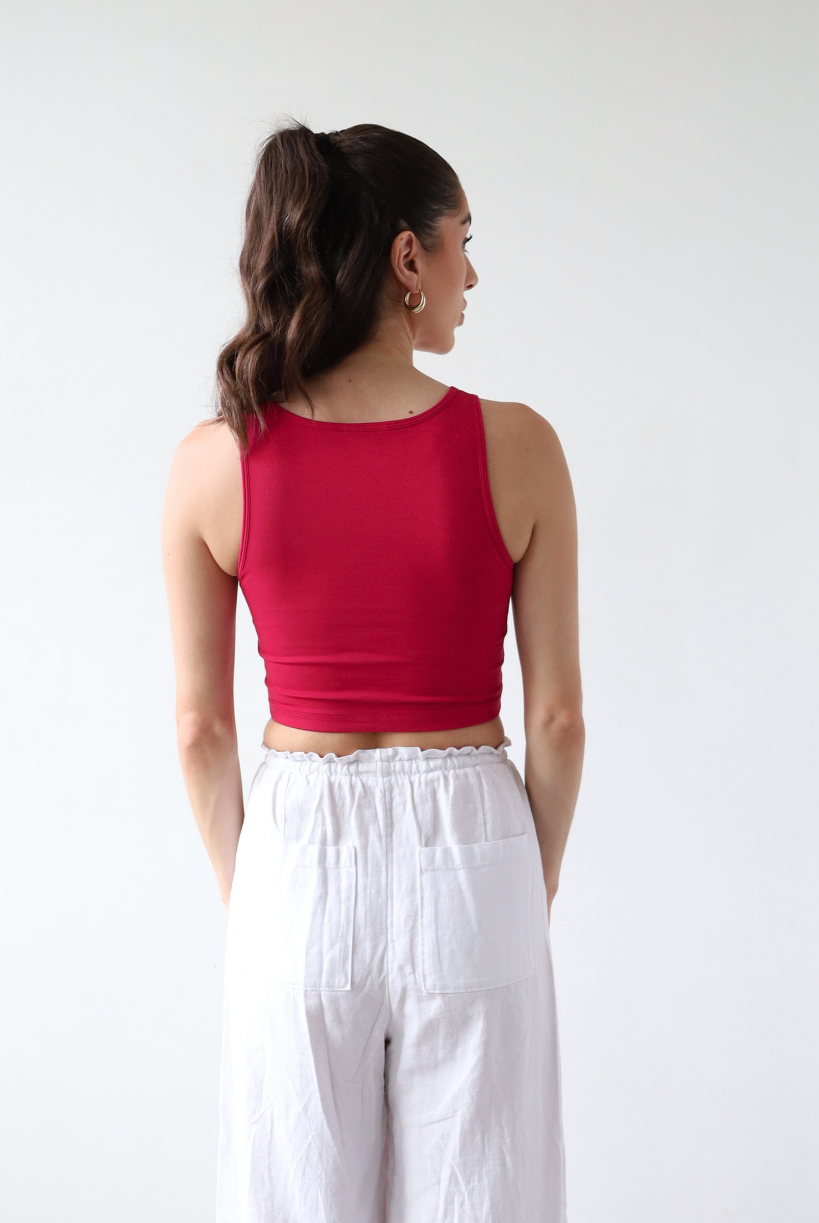 Organic cotton pink crop tank top, back