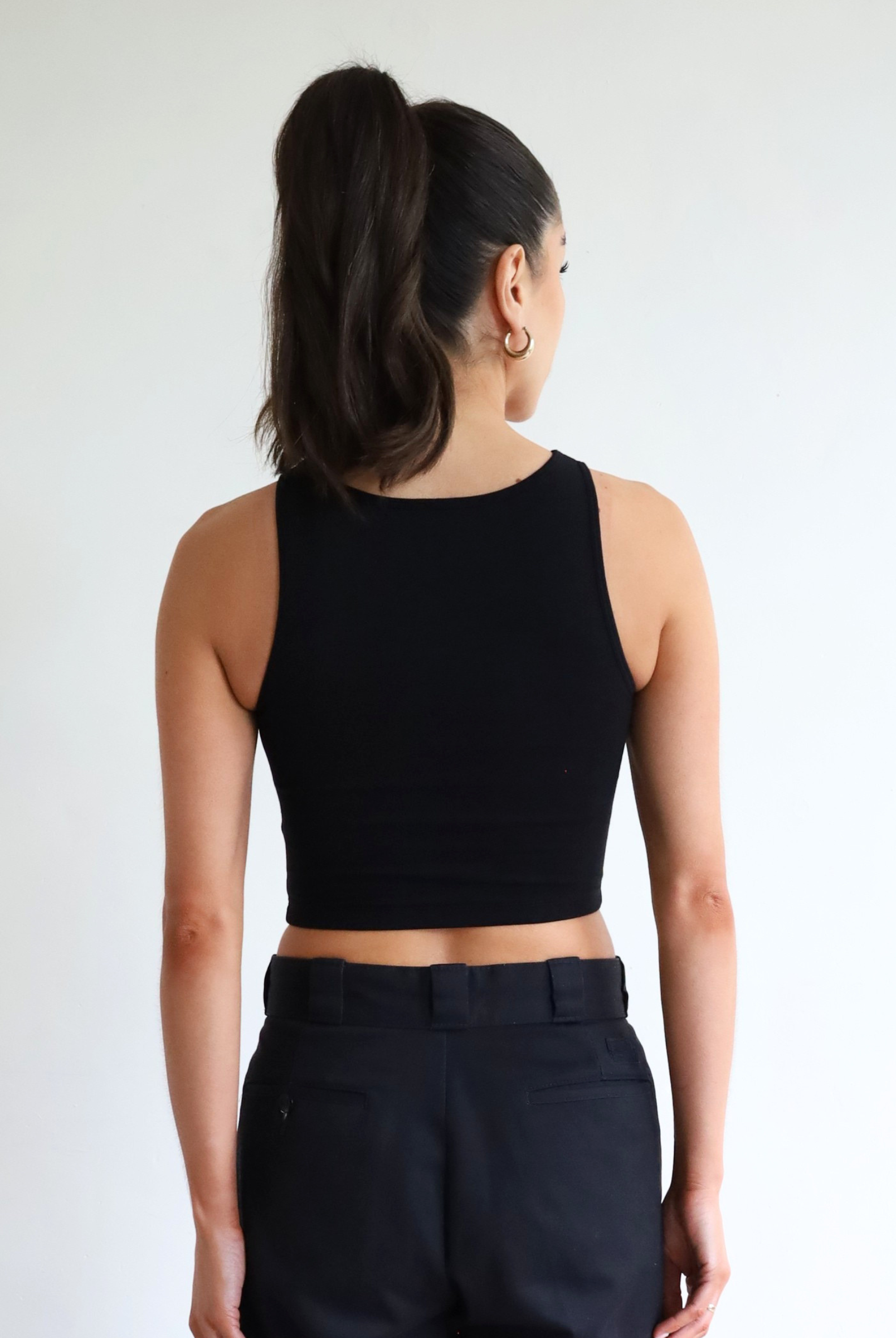 Womens organic cotton high neck cropped tank top, Black, Back