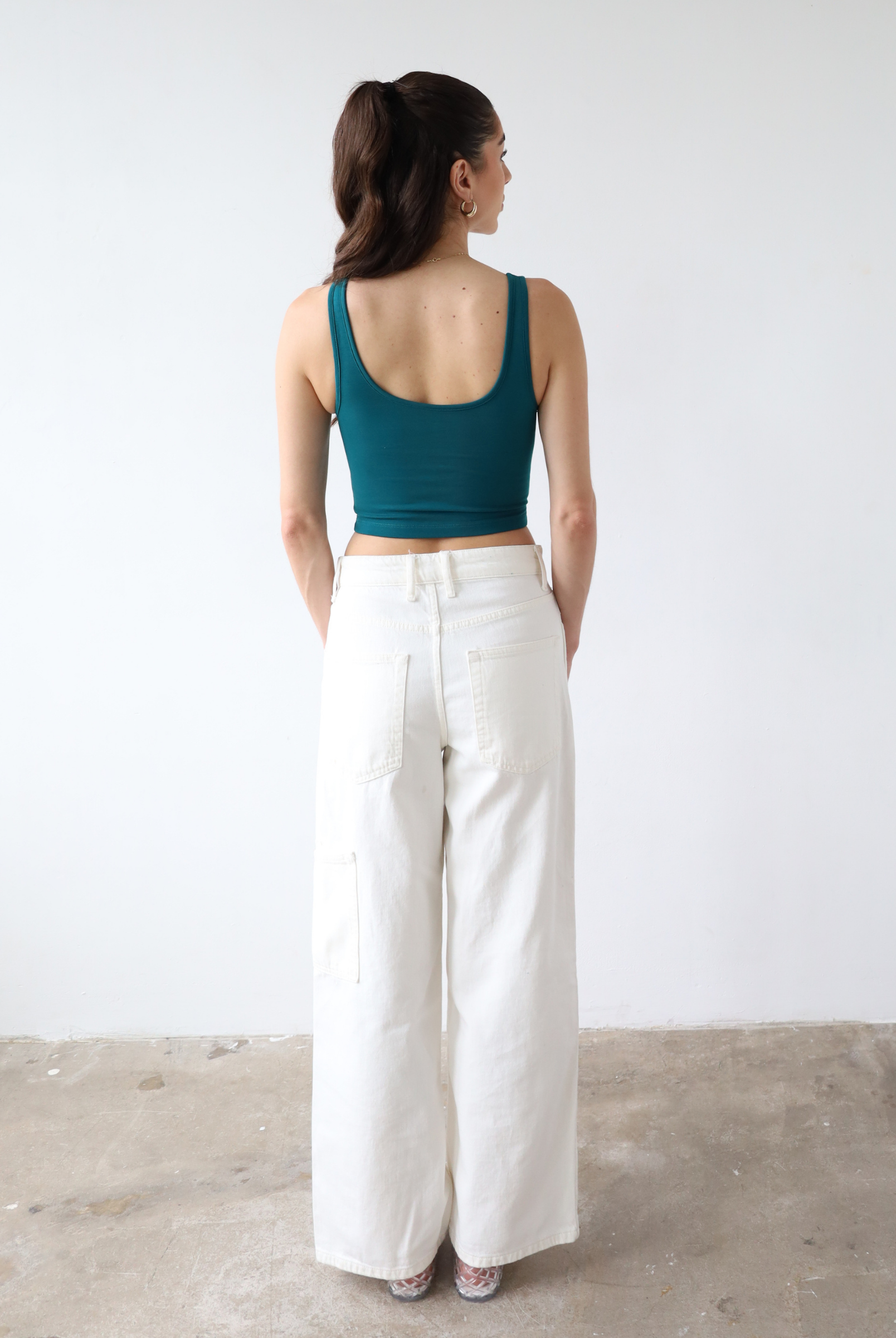 Teal organic cotton v-neck cropped tank top, back