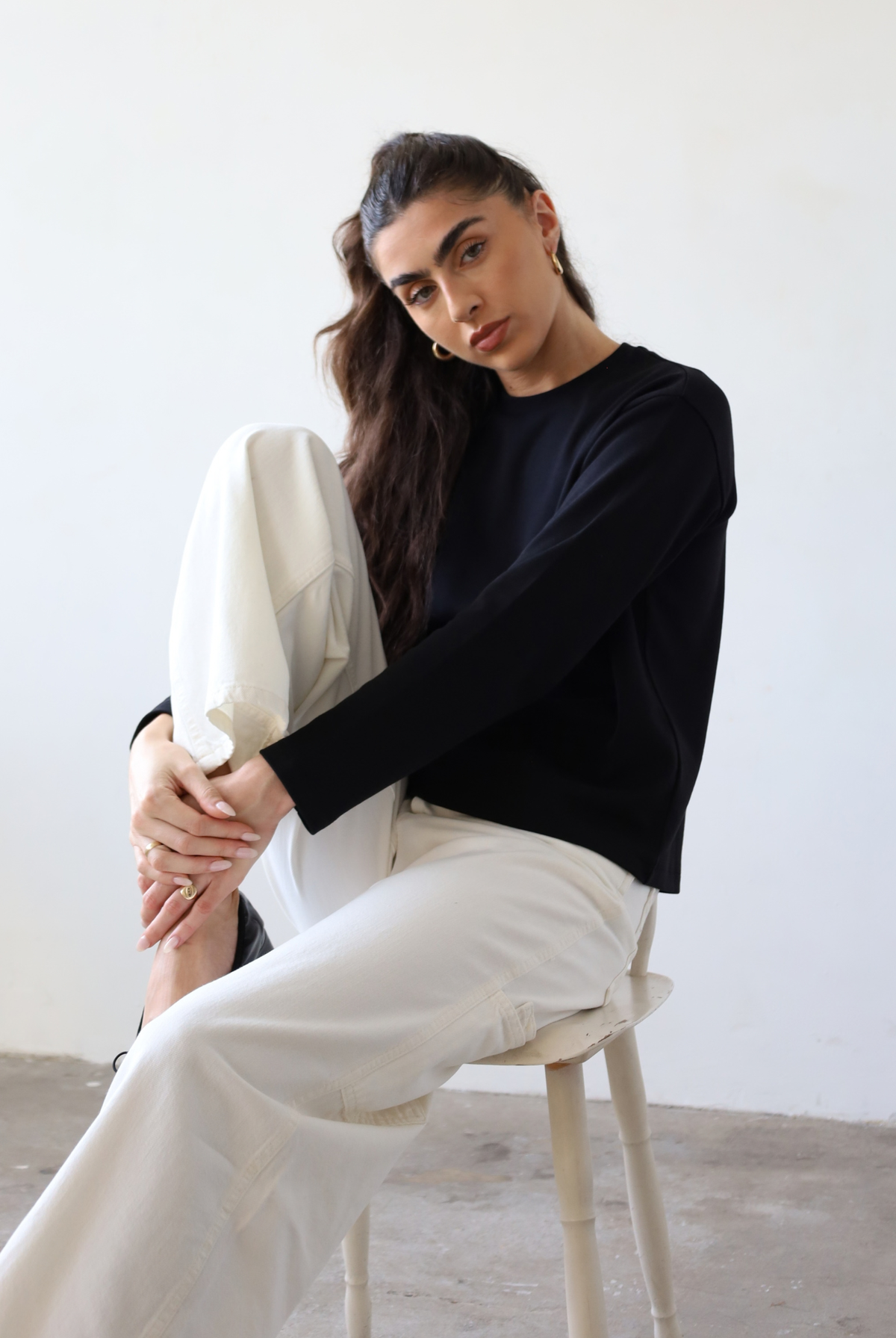 organic cotton long sleeve relaxed fit crew neck t-shirt, black, front