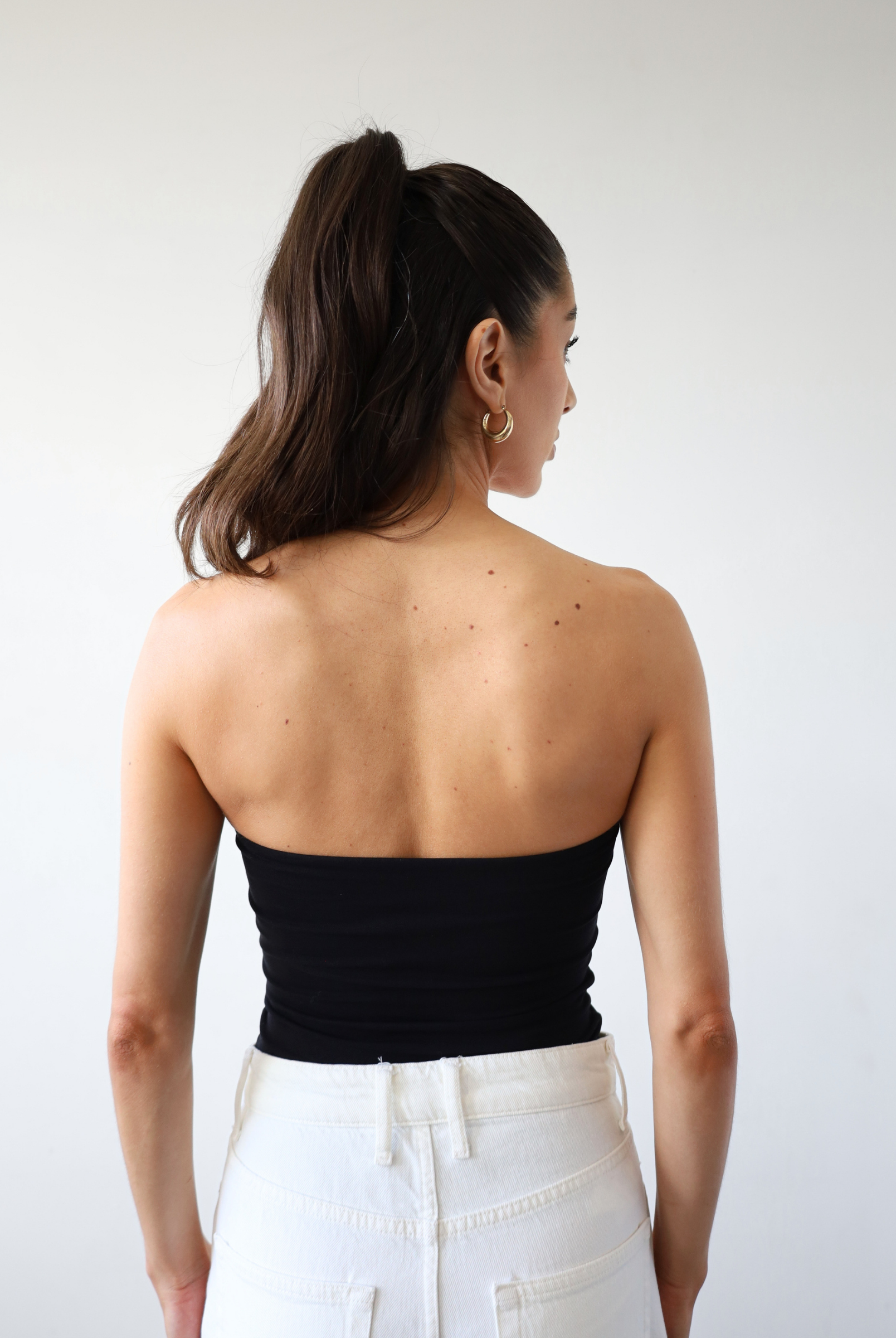 Organic cotton strapless top, black, back