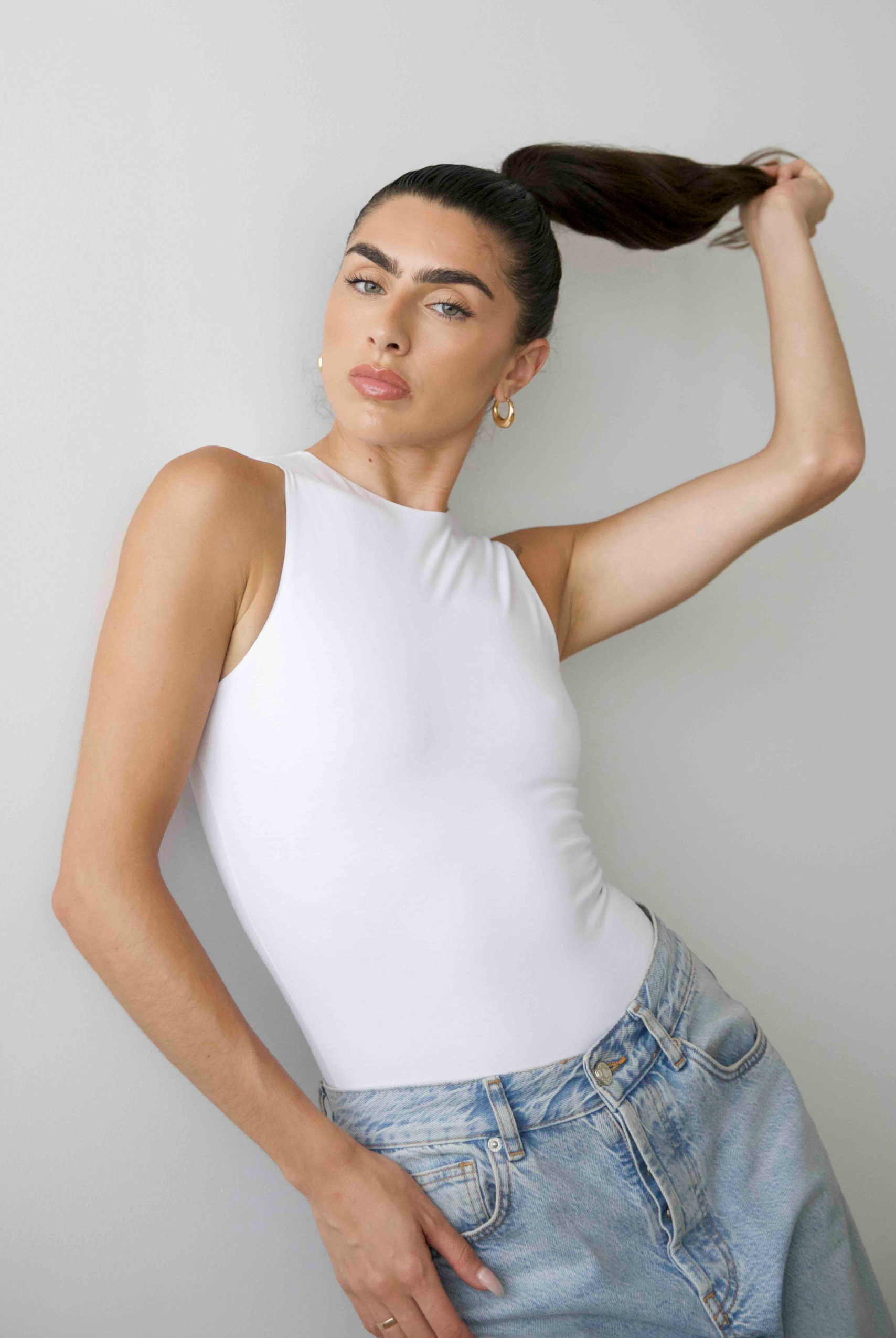 High Neck sleeveless bodysuit, White, Front